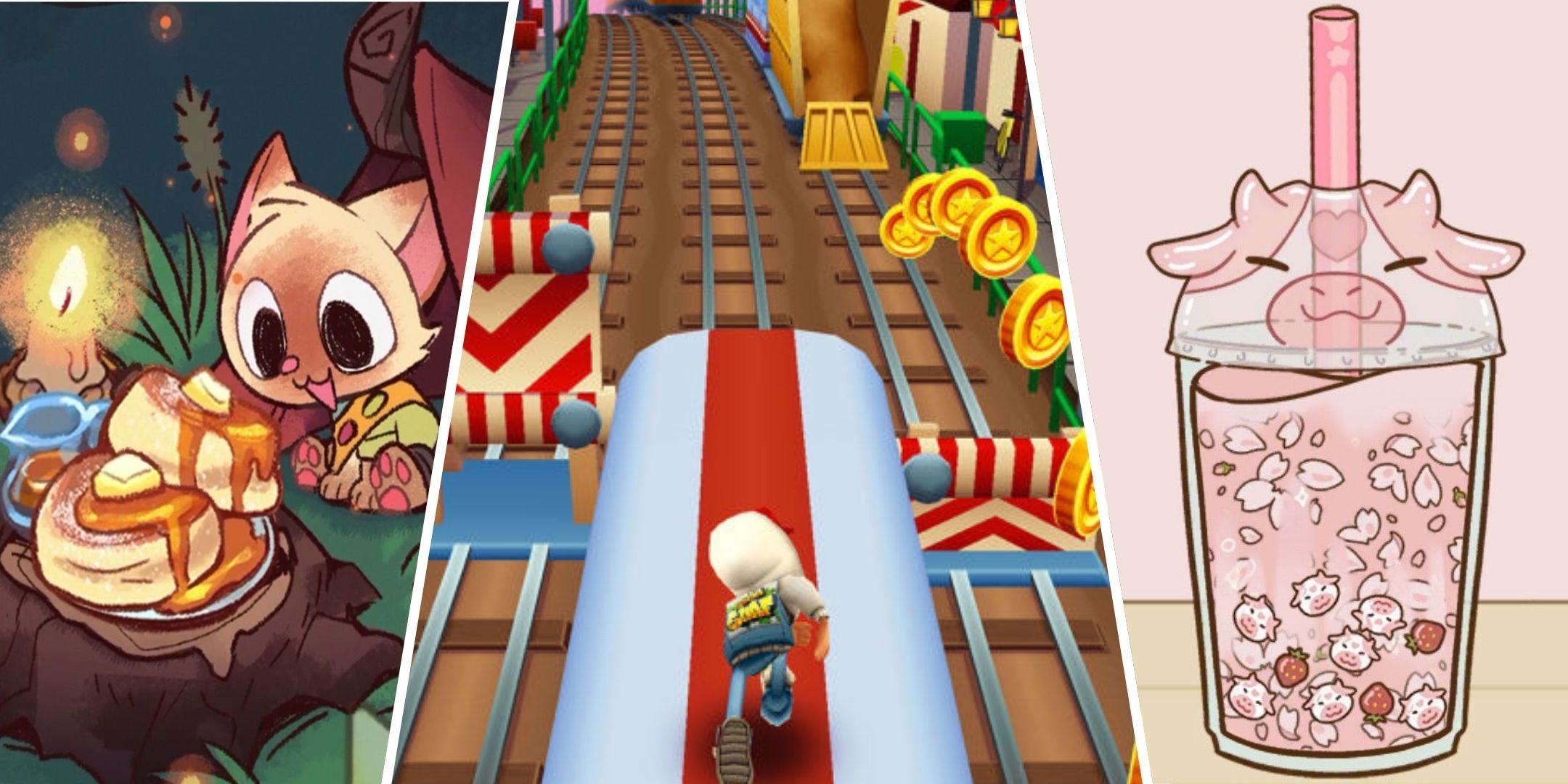 cat cafe subway surfers and boba story images side by side.