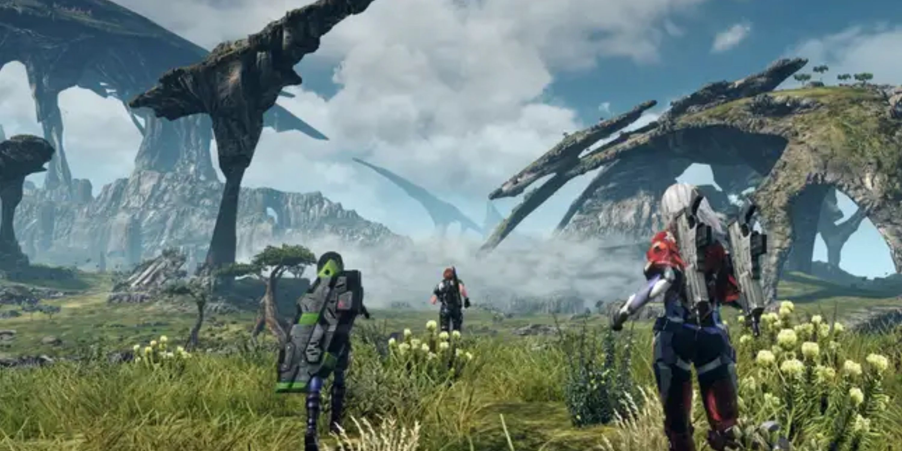 Characters running in a foggy landscape in Xenoblade Chronicles X Definitive Edition.