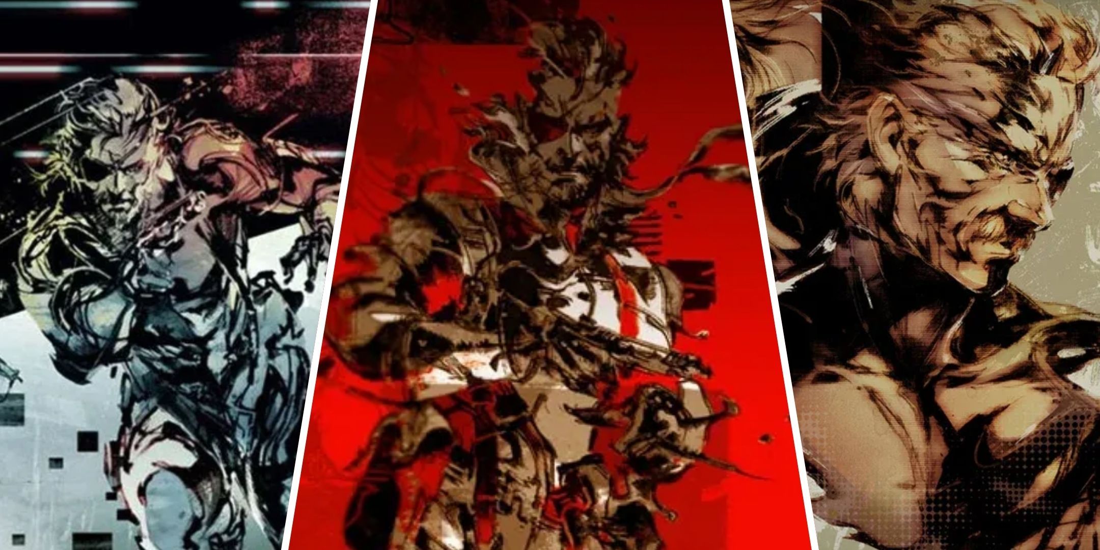 Split image of Venom Snake, Naked Snake and Old Snake.