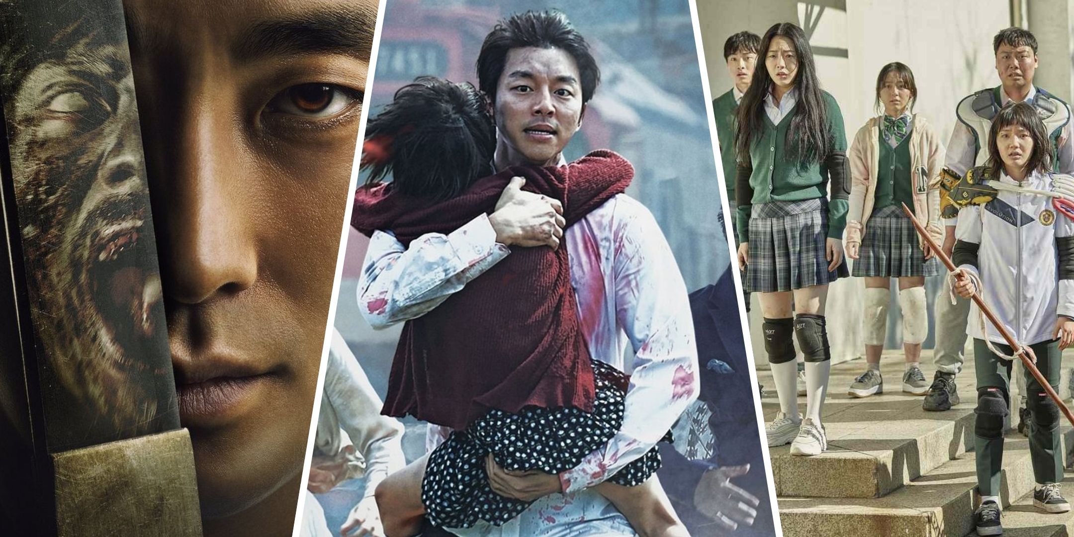 A collage of Netflix series Kingdom, Train to Busan and All of Us Are Dead.