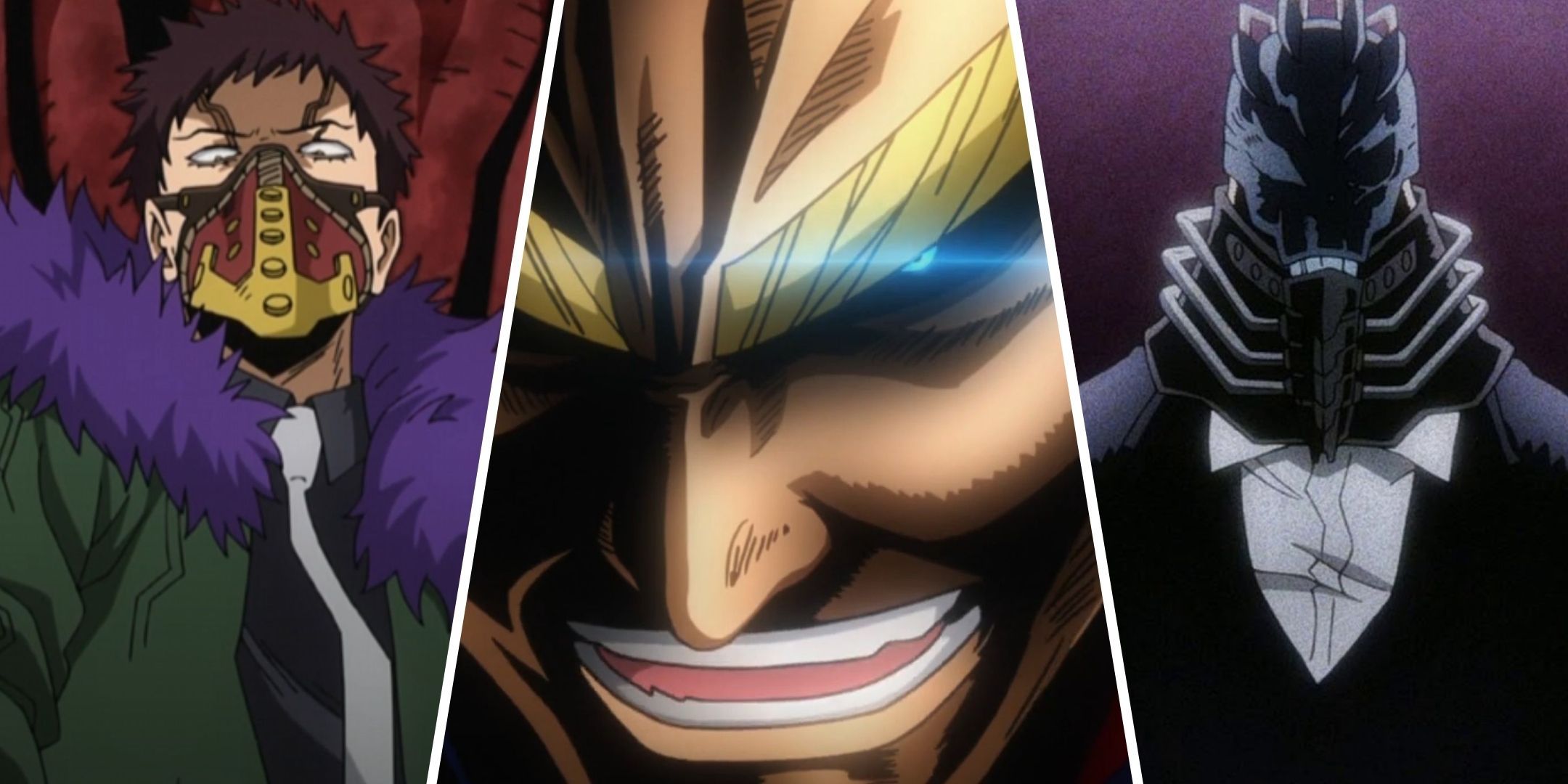 A collage of Overhaul, All Might and All For One.