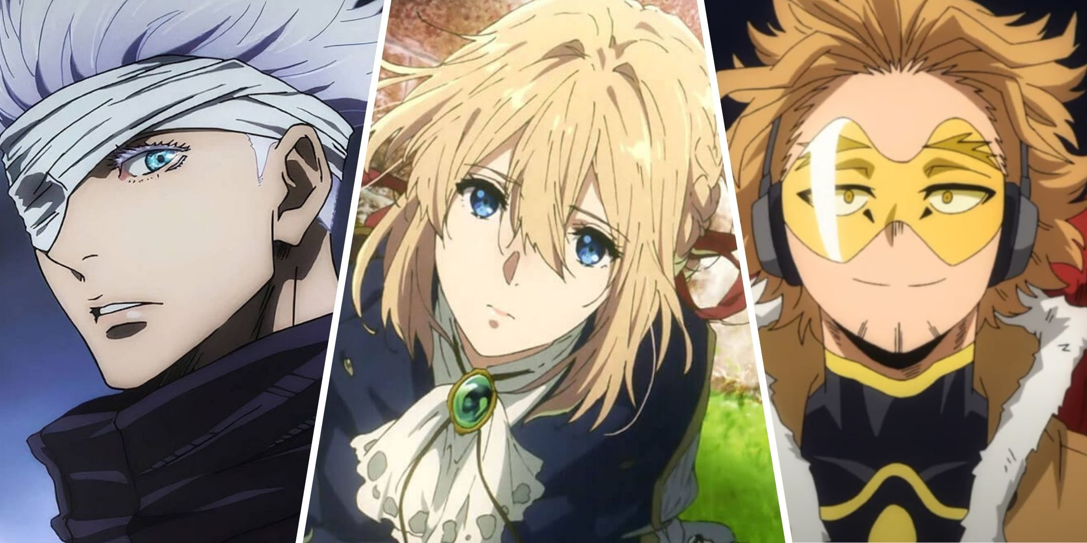 A collage of Gojo Satoru, Violet Evergarden and Hawks.