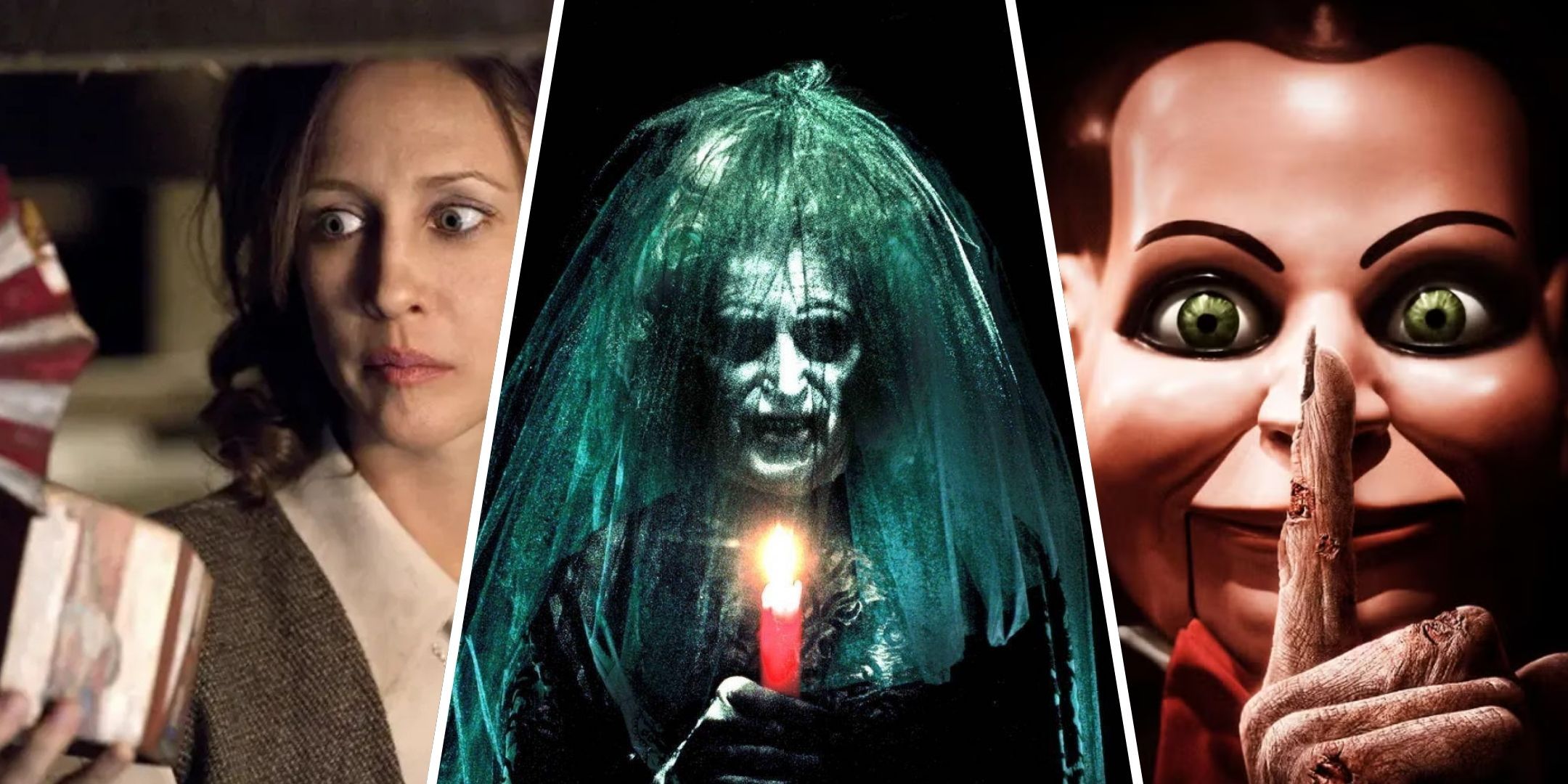 A collage of Lorraine Warren, The Bride In Black, and Dead Silence poster.