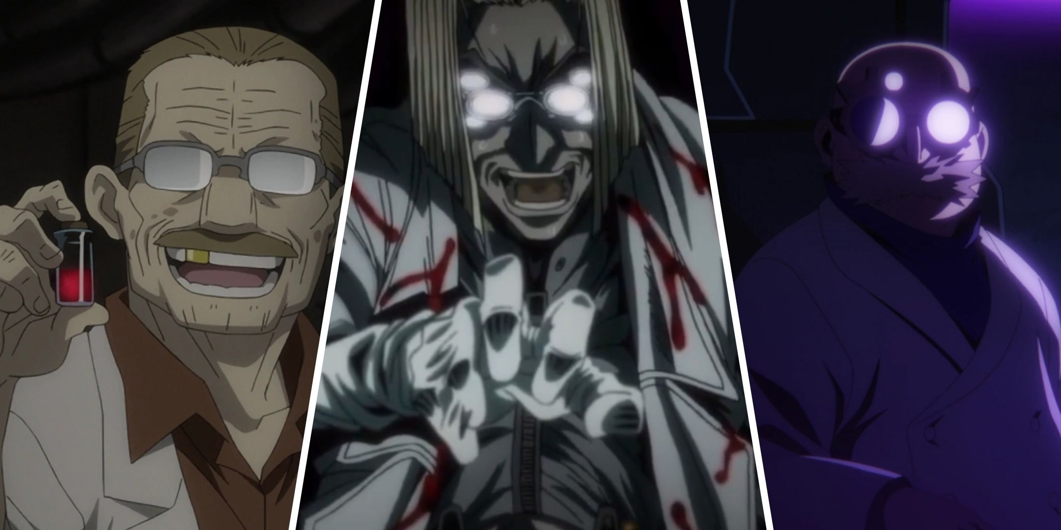 A collage of the Gold-Toothed Doctor, Hellsing's Doctor and Dr Garaki.