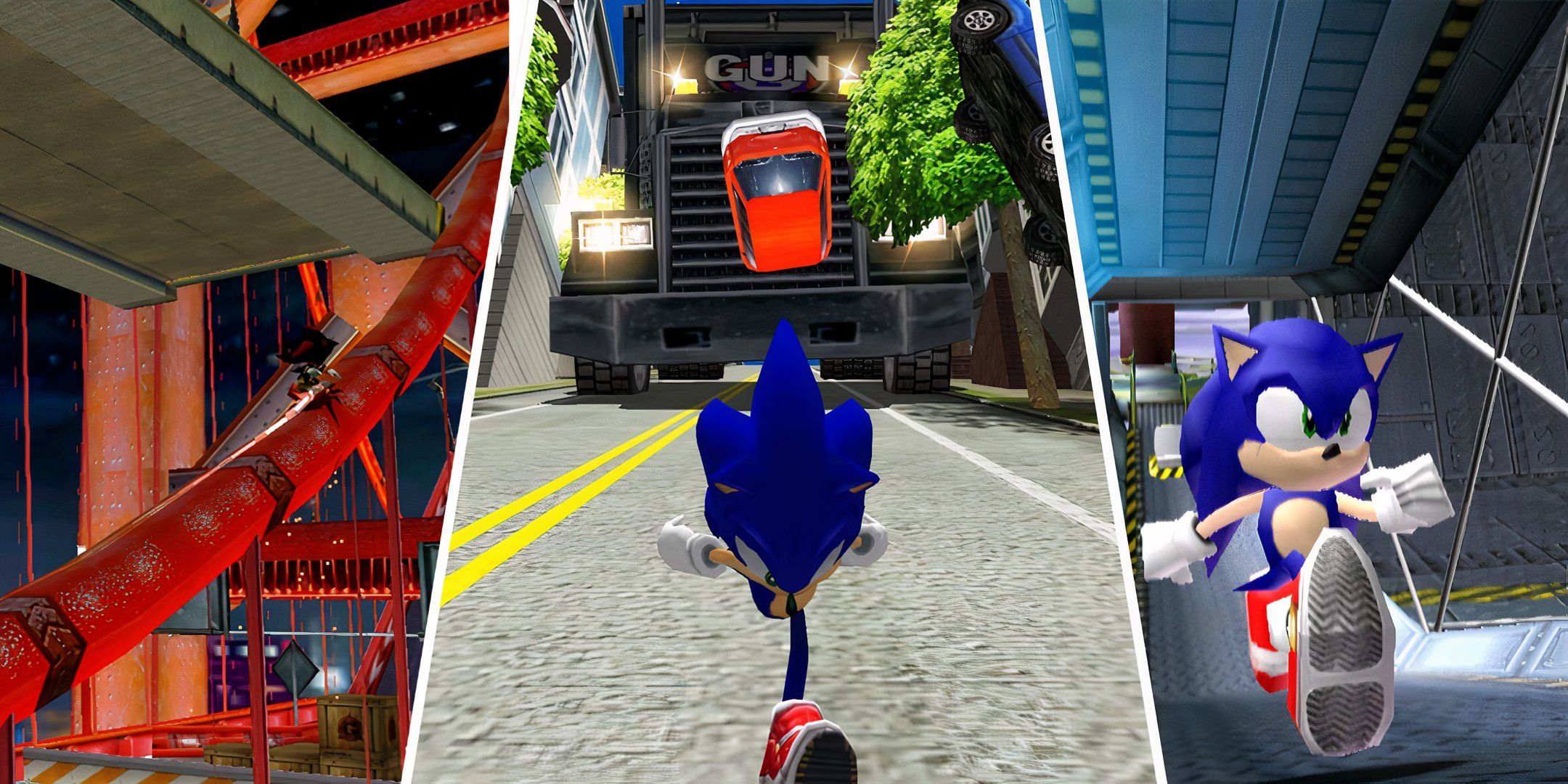 The Radical Highway, City Escape, and Sky Deck levels from the Sonic Adventure series.