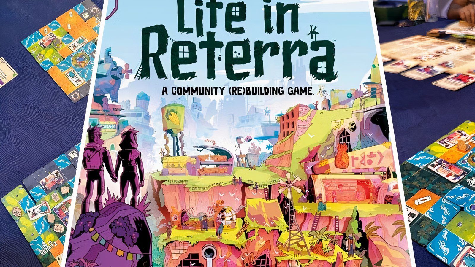 Life in Reterra Box Cover in front of the playing cards, board, and figurines.