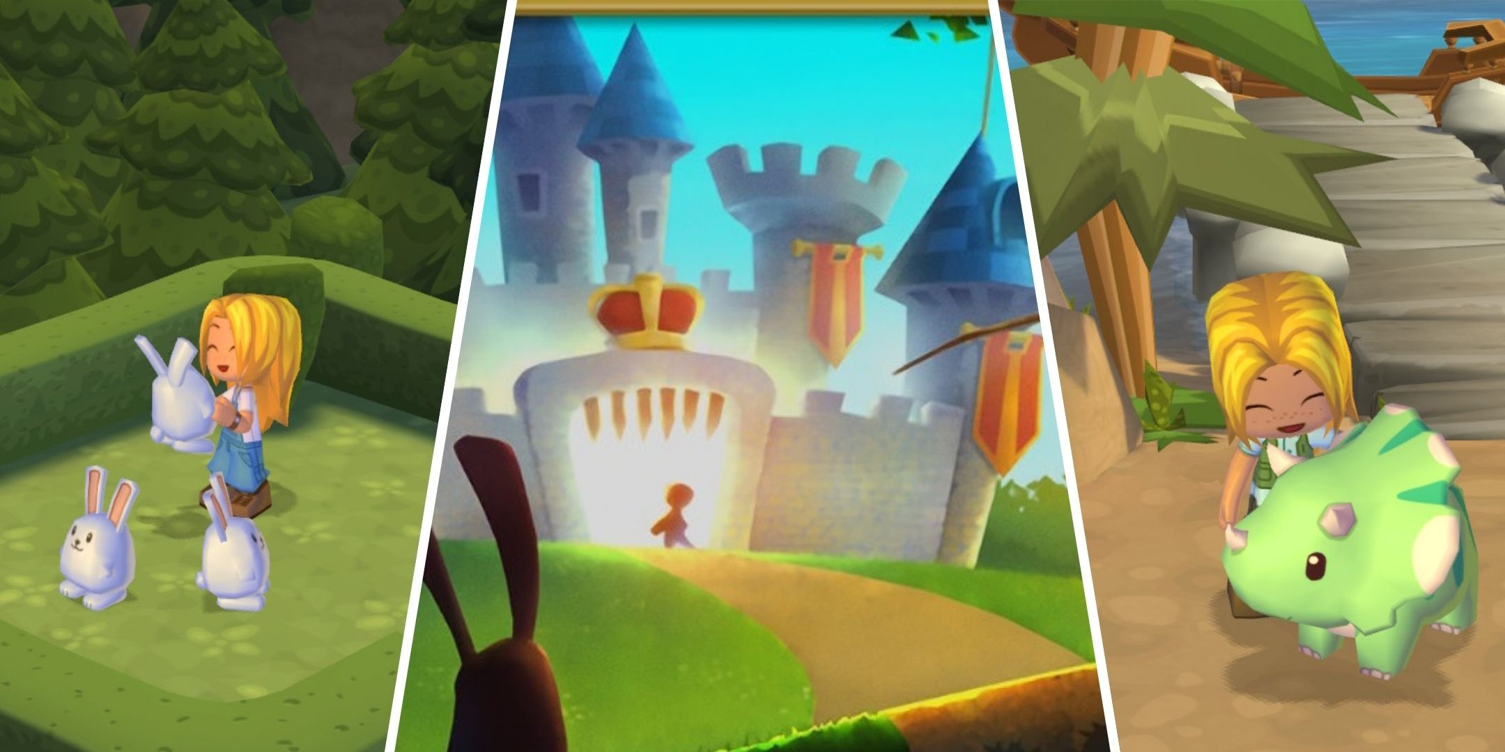 Split images of MySims: Kingdom of the player holding a bunny, another of a loading screen, and another of the player petting a dinosaur from MySims: Kingdom.