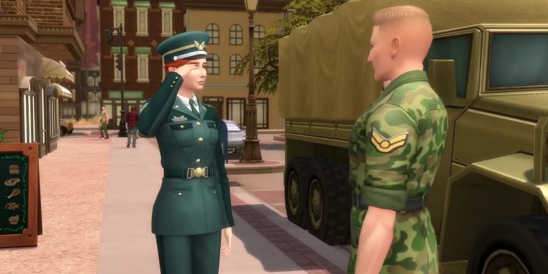 Two military Sims salute in Strangerville.