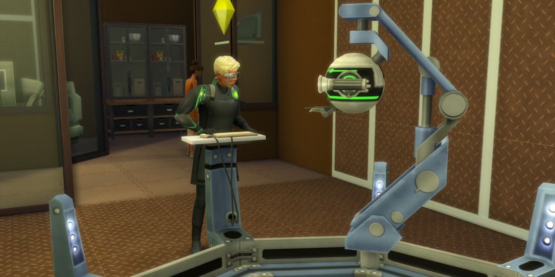 A Sim works on the inventing machine in the lab.