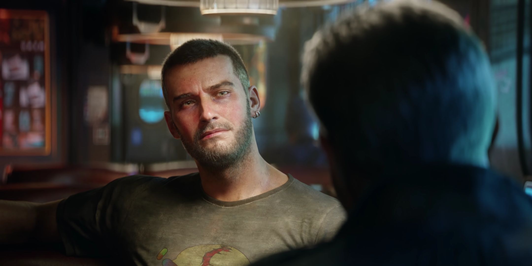 Male V in a cinematic trailer for Cyberpunk 2077.