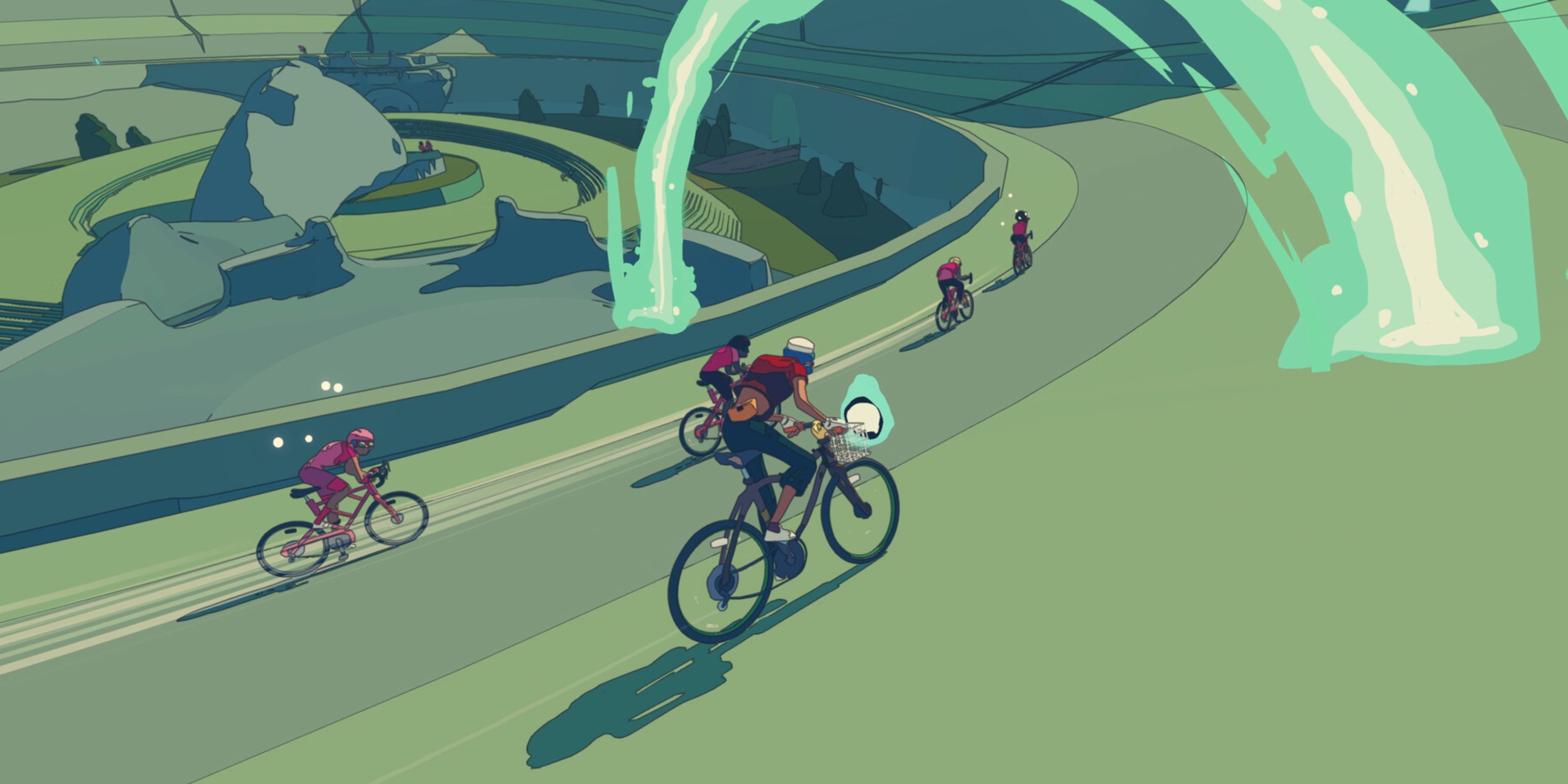 Cycling under archway in Wheel World-1