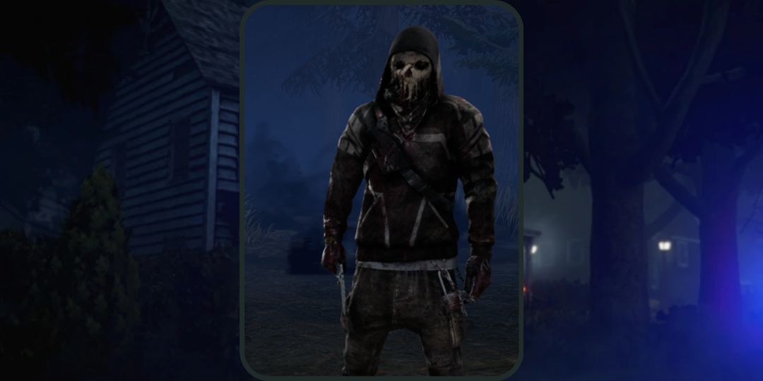 Joey wears the Devil May Care Outfit, a skull inspired black outfit in dead by daylight.