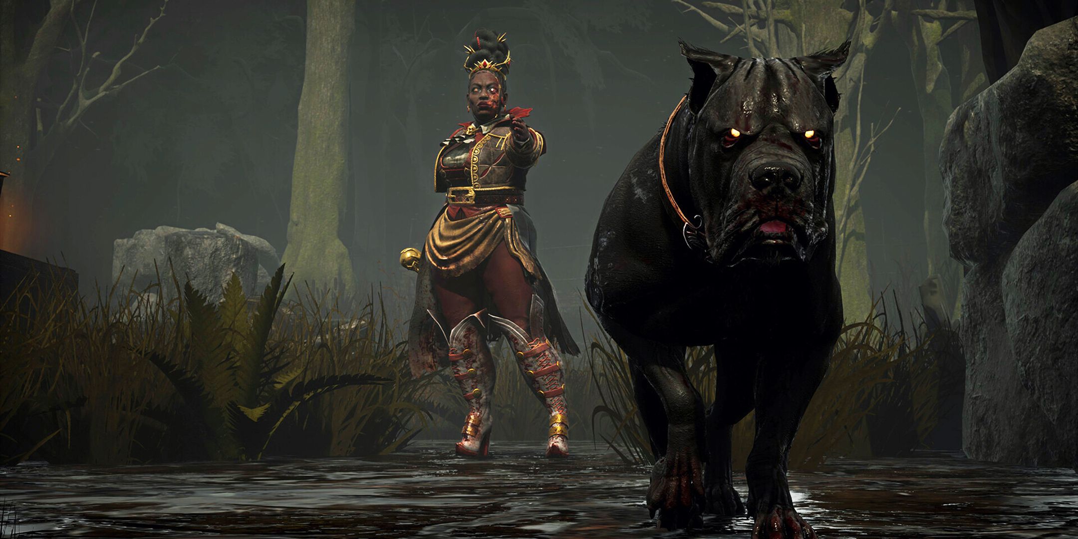 Dead by Daylight The Houndmaster in a swamp, pointing forward as her dog marches towards the camera.