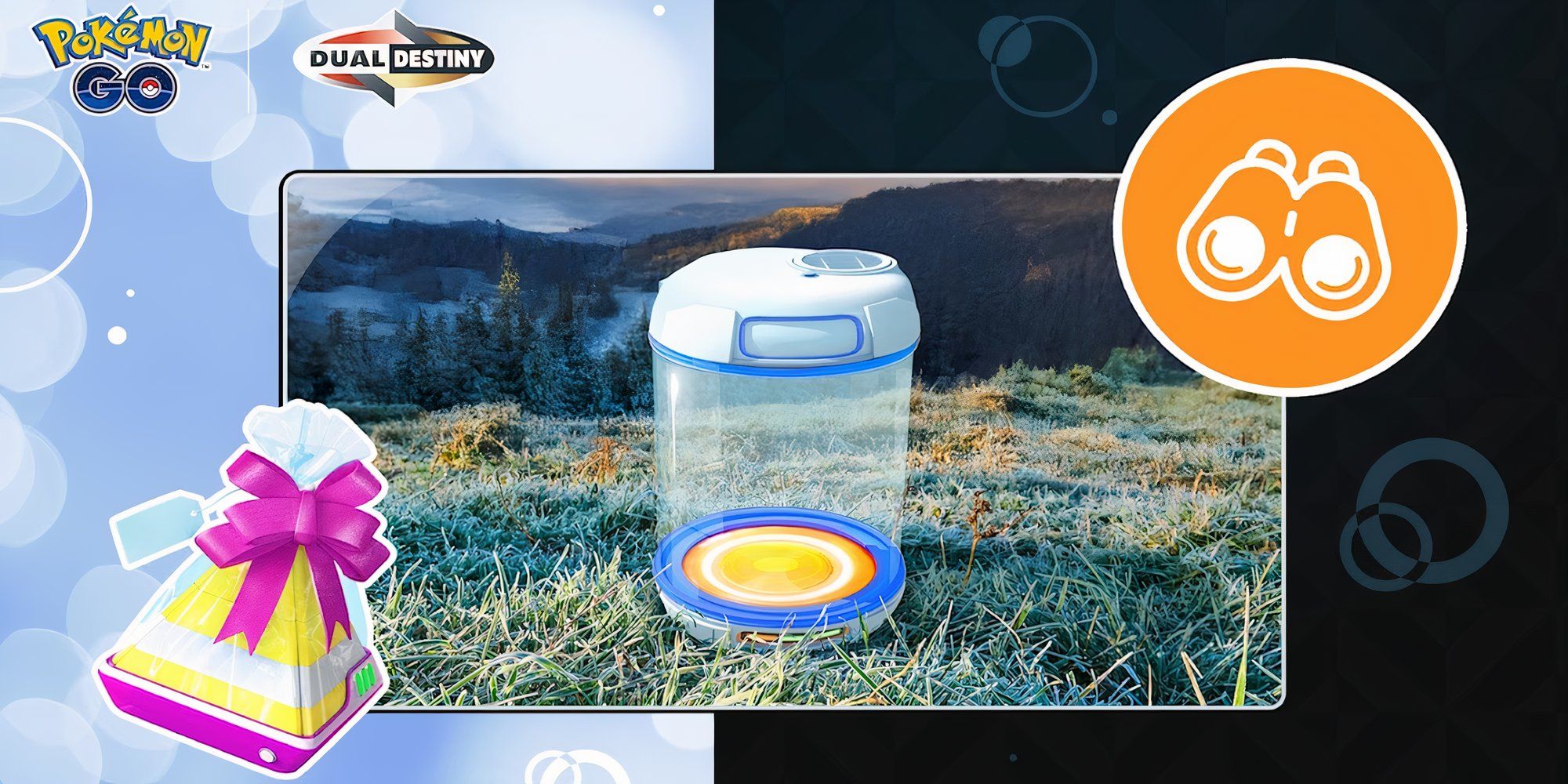 Image of a Pokemon Go Incubator with a Gift and the Research symbol on either side.