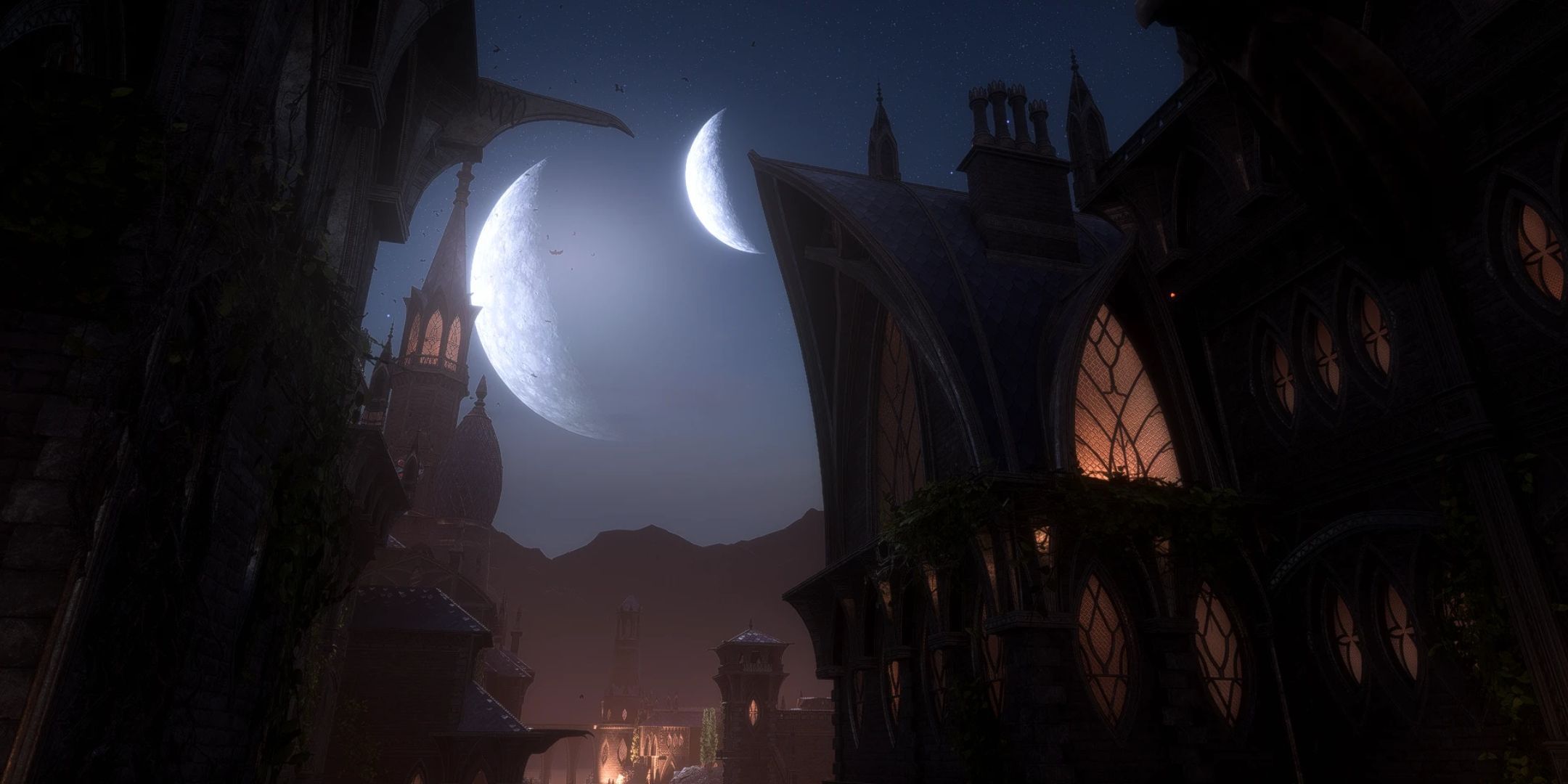 The night sky in Dragon Age: The Veilguard, modded to show two moons, one of which is smaller