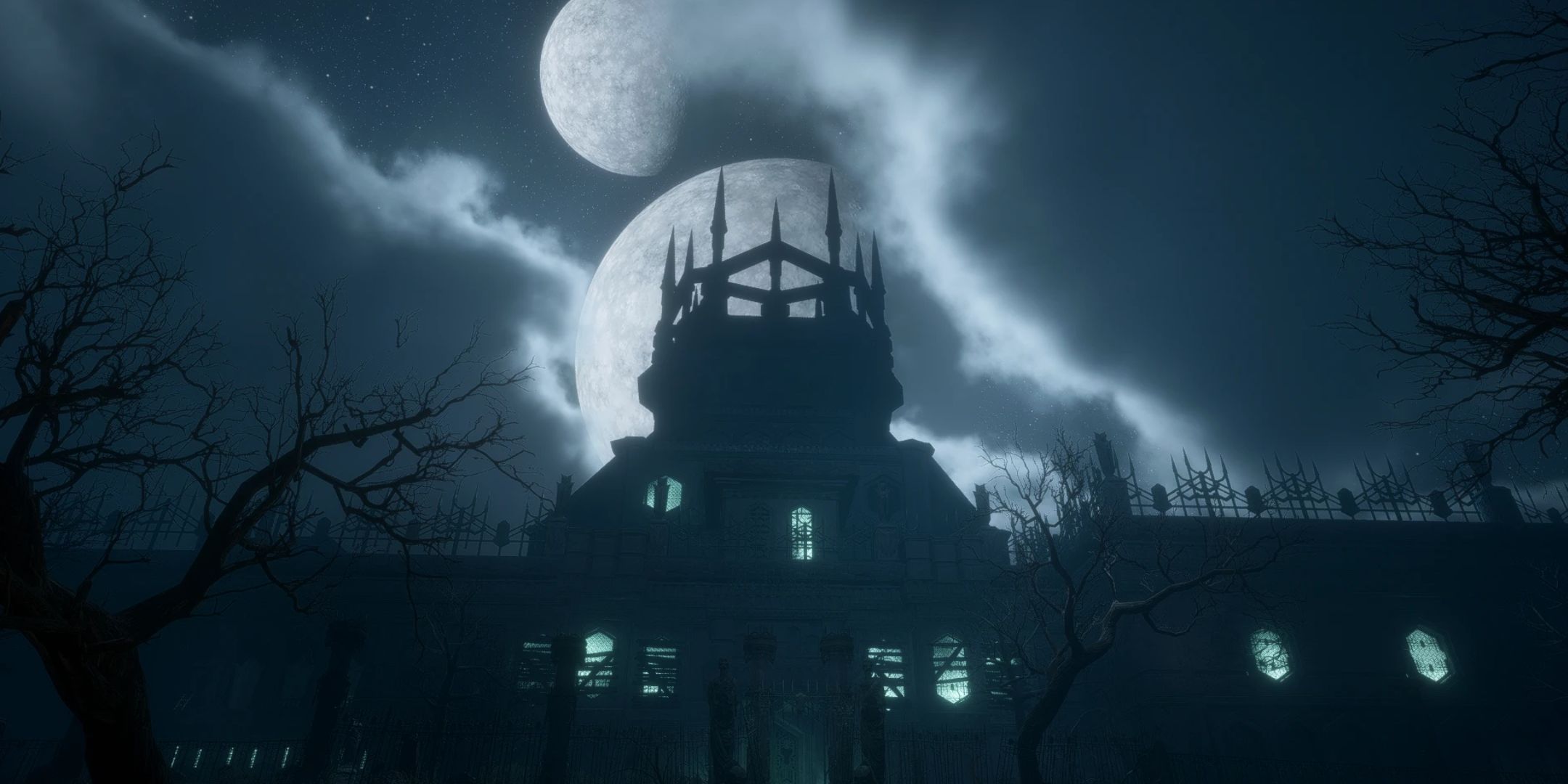 A haunted mansion and the night sky in Dragon Age: The Veilguard. The game has been modded to show two moons in the sky