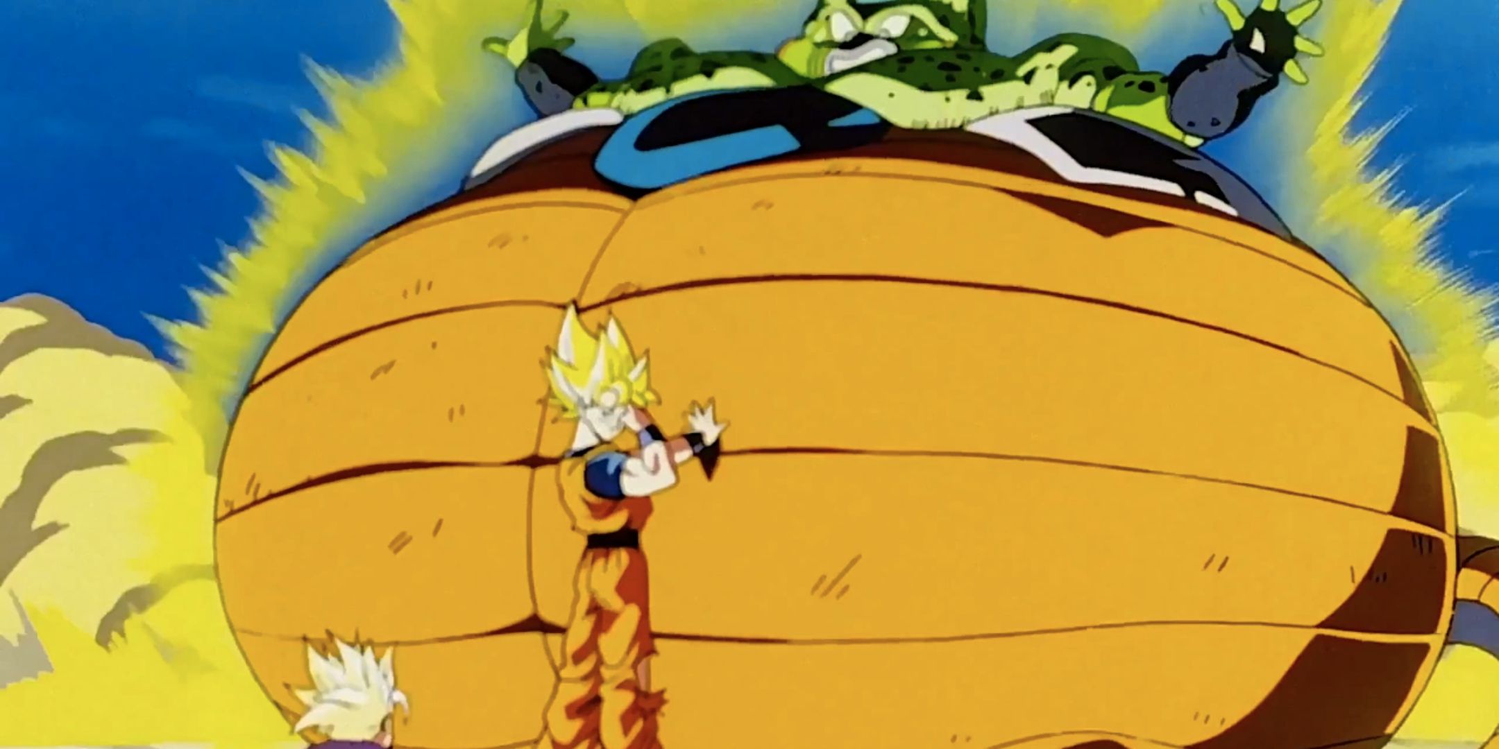 Dragon Ball Z screenshot of Goku holding his hand on Cell about to use Instant Transmission.