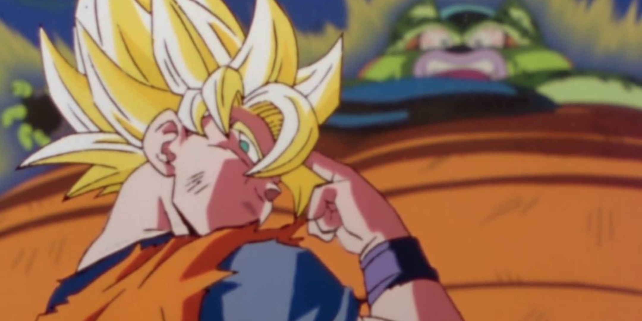 Dragon Ball Z screenshot of Goku looking back while trying to use Instant Transmission. Behind him, Cell looks terrified.