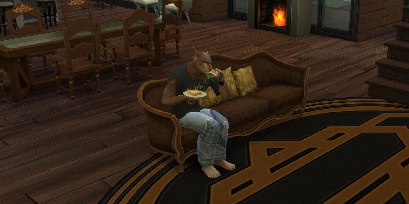 Image of a werewolf from The Sims 4 eating while sitting.