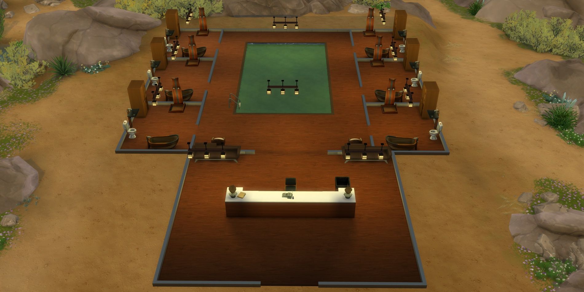 Image of a bathhouse build from The Sims 4.