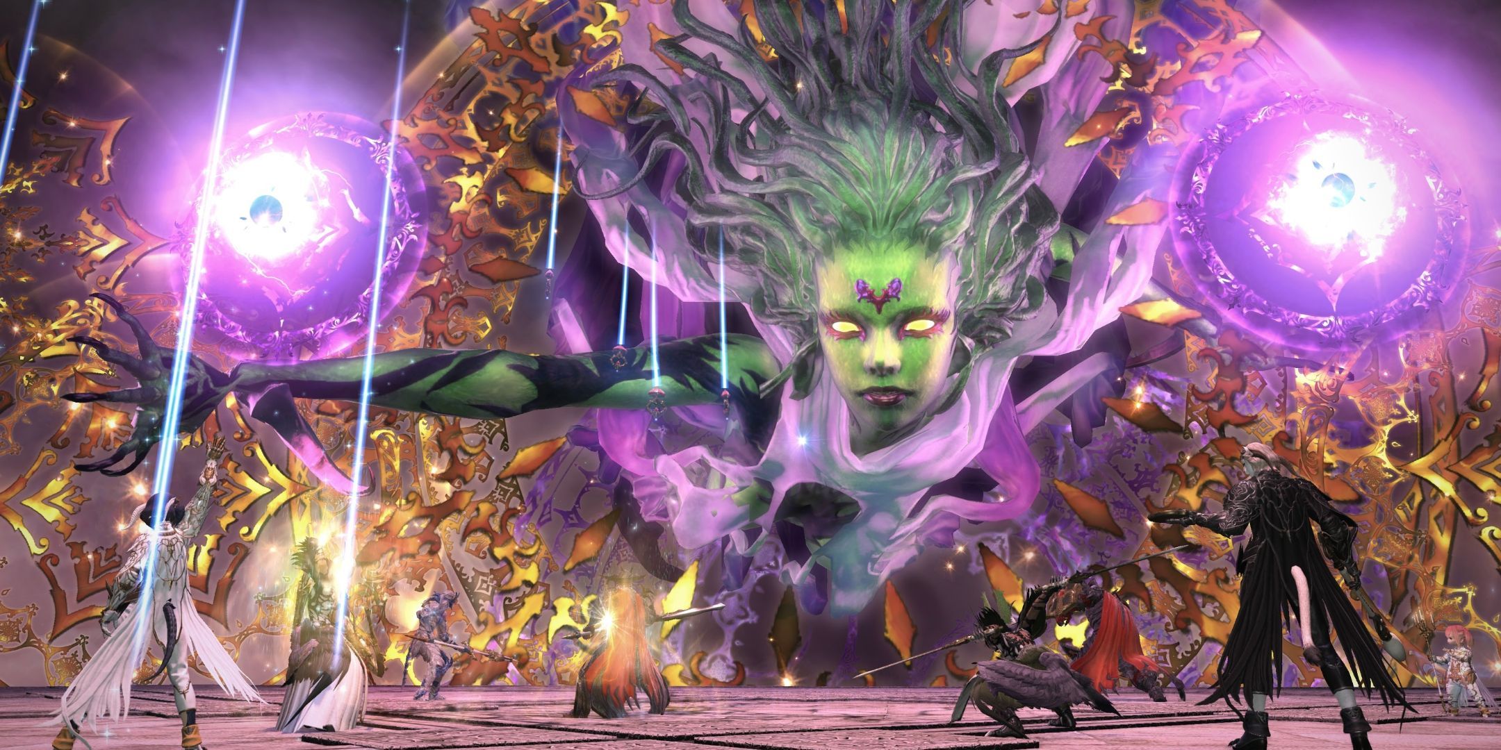 Final Fantasy 14 characters taking on a boss that looks like a giant green woman