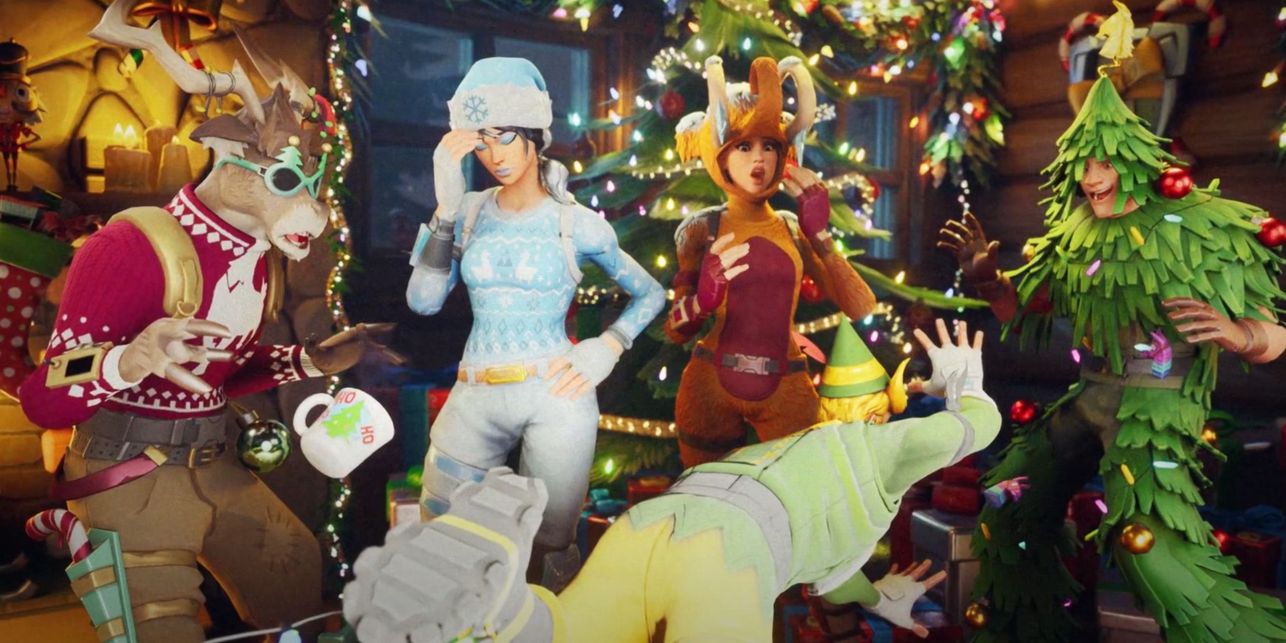 A screenshot from Fortnite in which a man in an elf costume trips over himself while those around him look in shock.