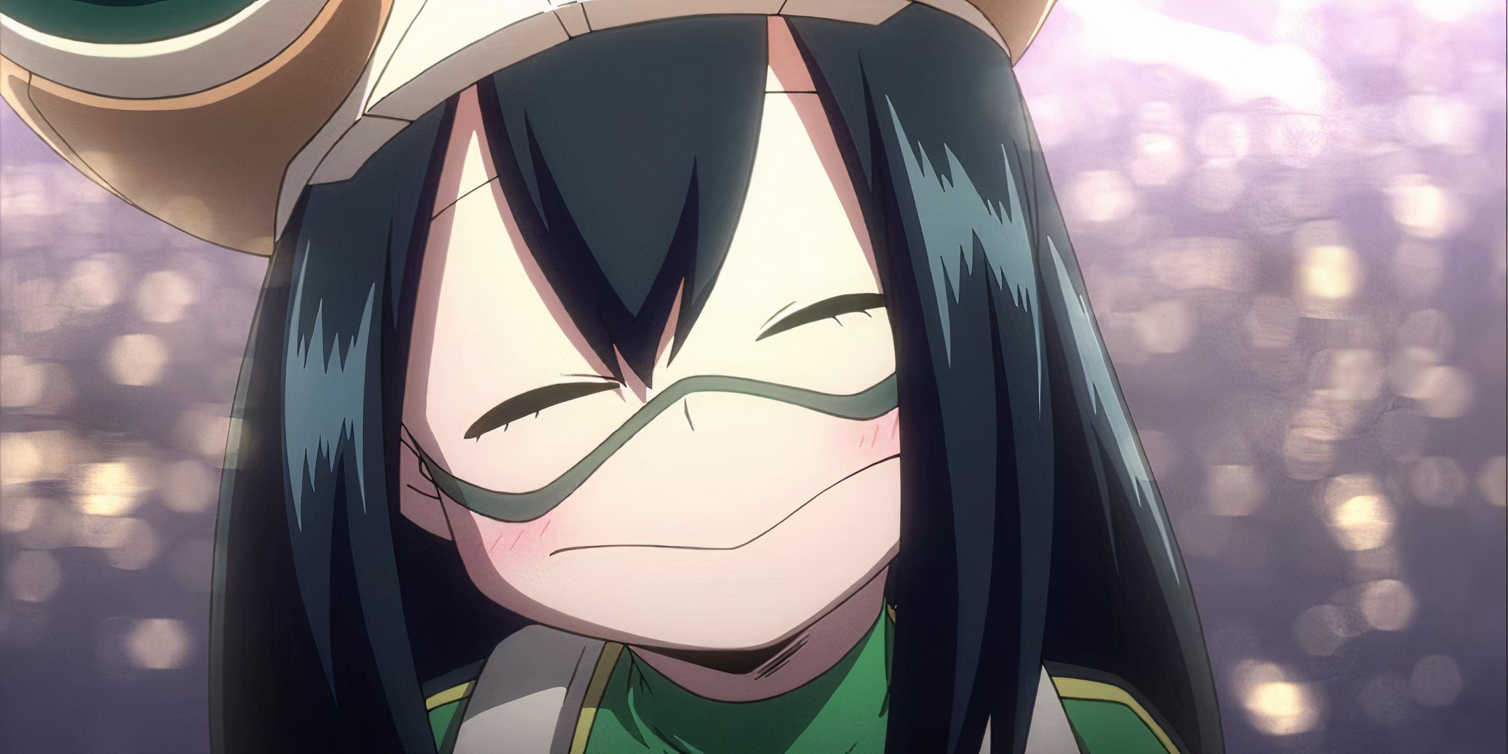 Froppy is smiling a big smile with her eyes closed.