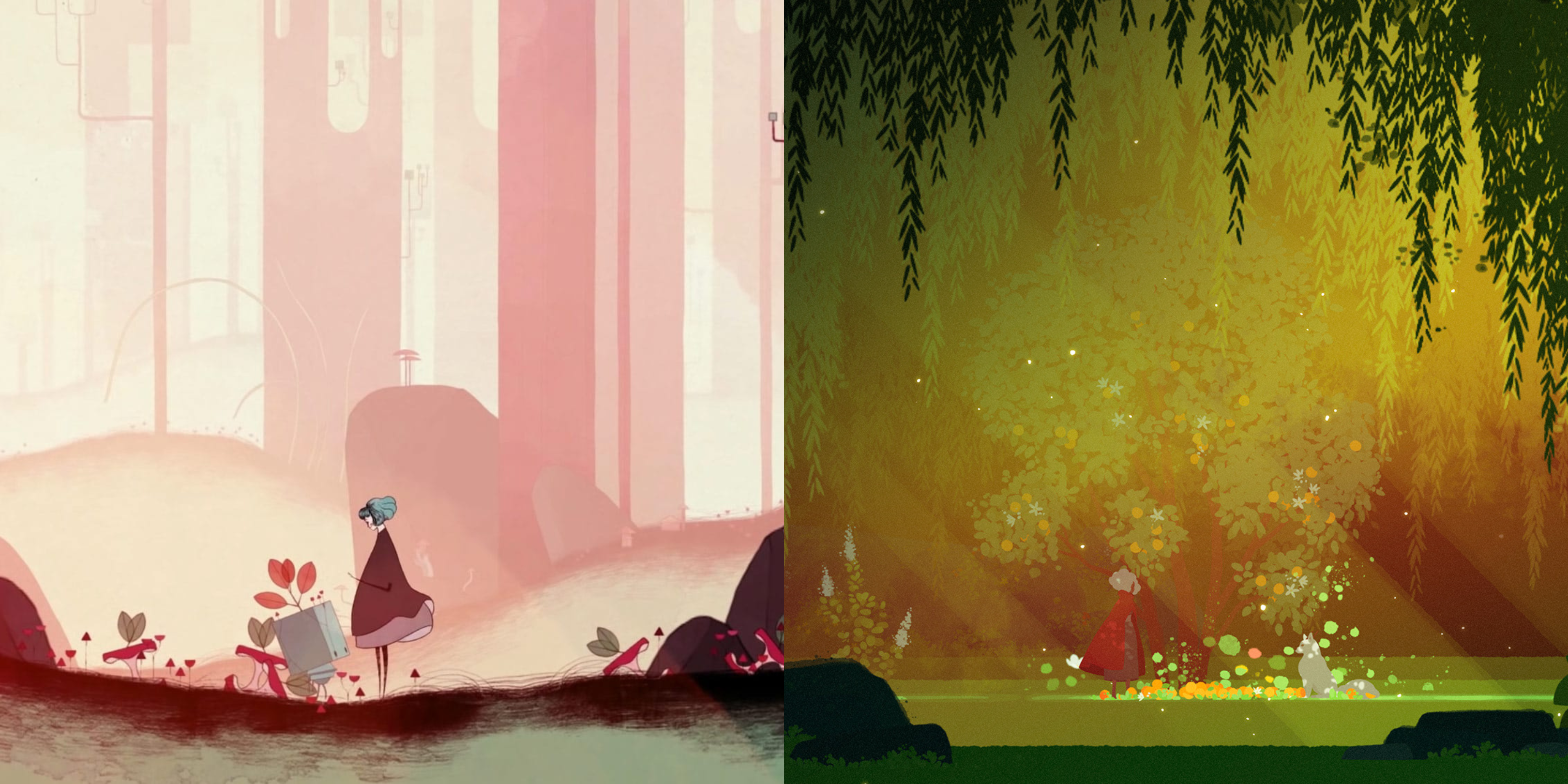 Split images of: Gris and Neva screenshots.