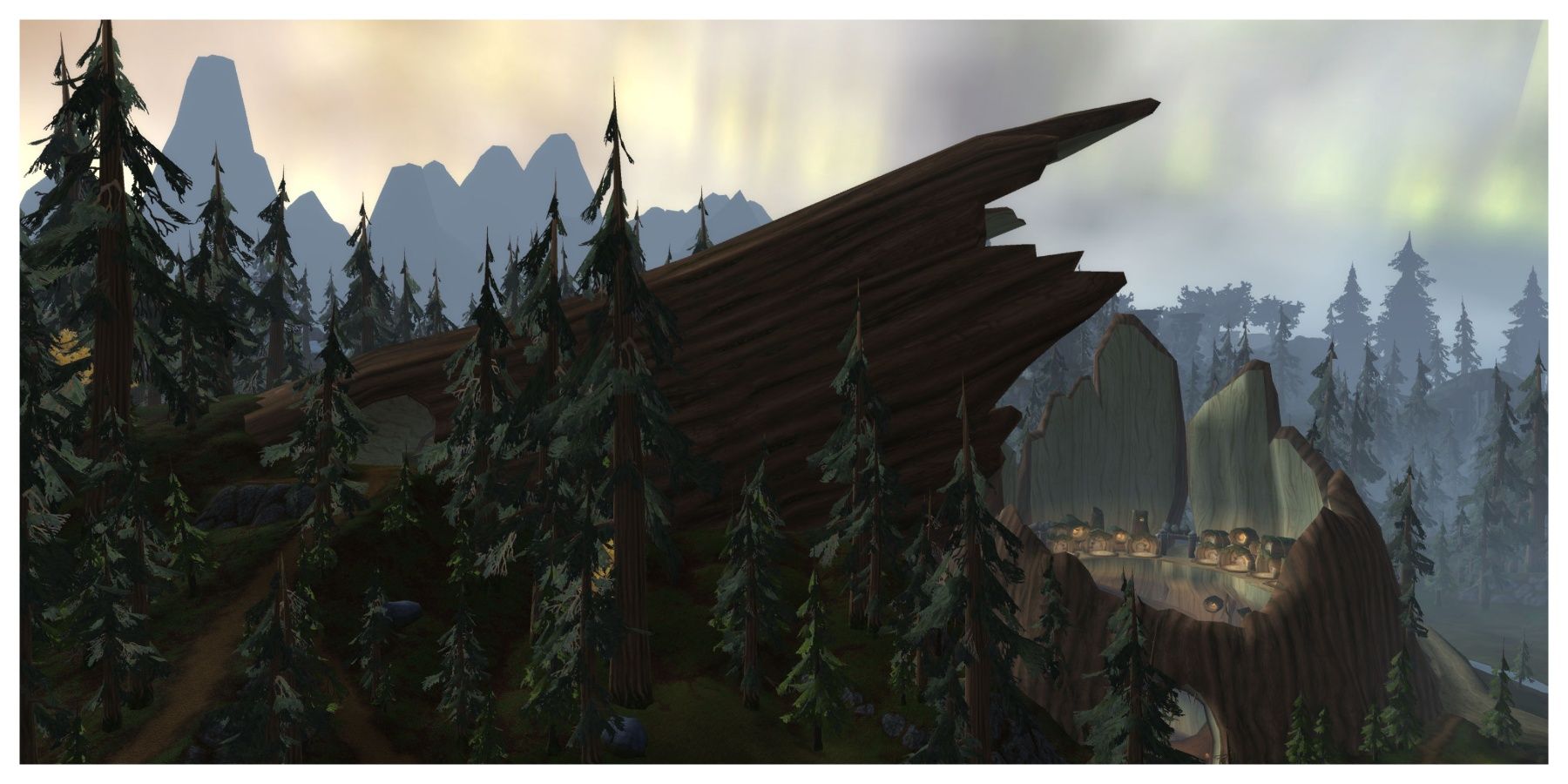 An image of the Grizzly Hills in World of Warcraft, showing the broken World Tree.