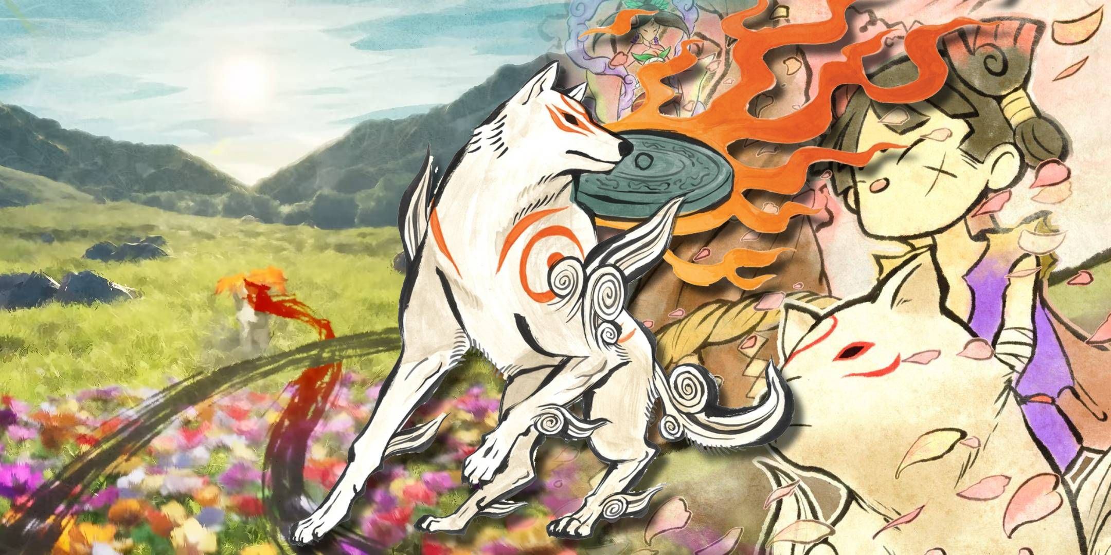 Images from the unnamed Okami sequel and Okamiden with Amaterasu over top.