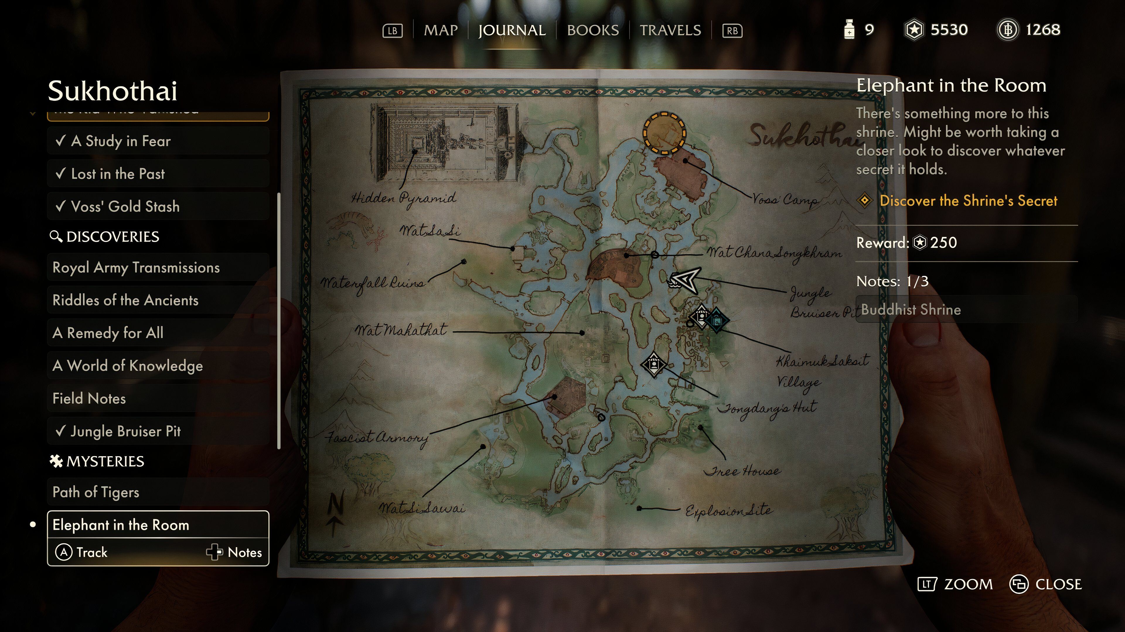 The menu showing all quests and the map in Indiana Jones and the Great Circle.