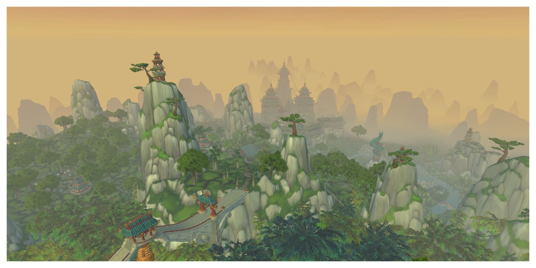 An image of the Jade Forest from World of Warcraft, showing the Temple of the Jade Serpent.