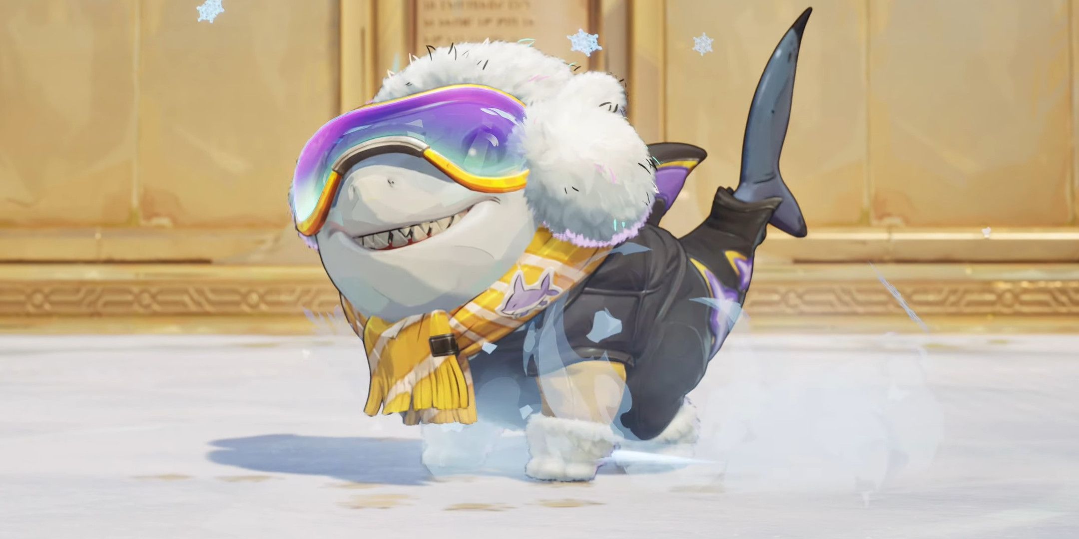 Jeff the Land Shark in a skiing outfit