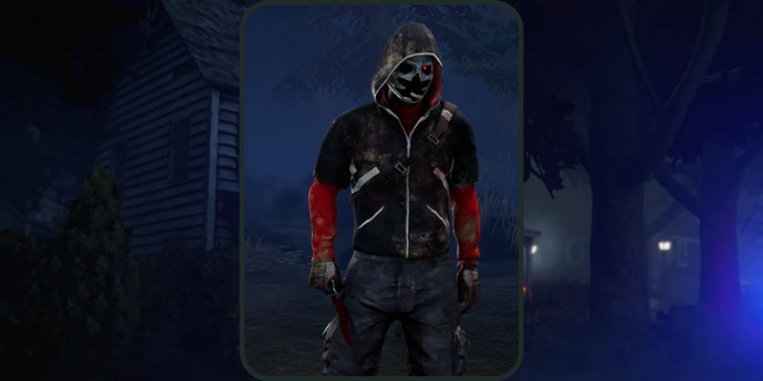 Joey wears the Expo Cosplayer outfit, a black outfit with red sleeves in dead by daylight.