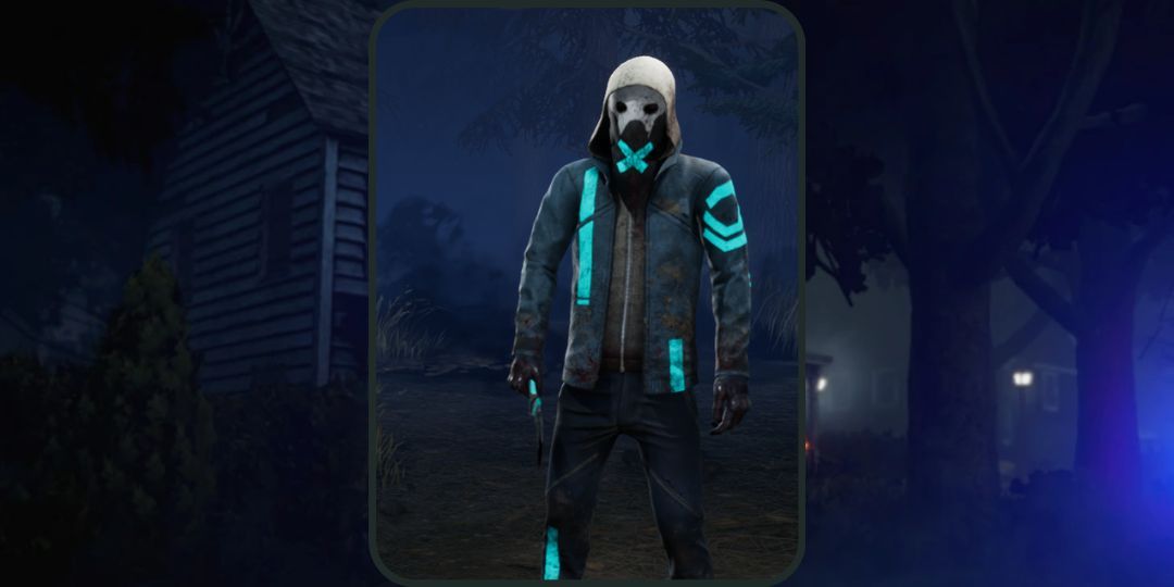 Joey wears the Fluerescent Fear outfit, a neon tactical outfit in dead by daylight.