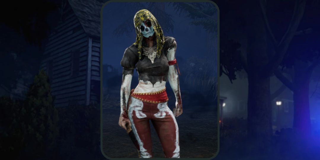 Julie wears the Party Crasher outfit, an outfit inspired by Day of the Dead skulls in dead by daylight.