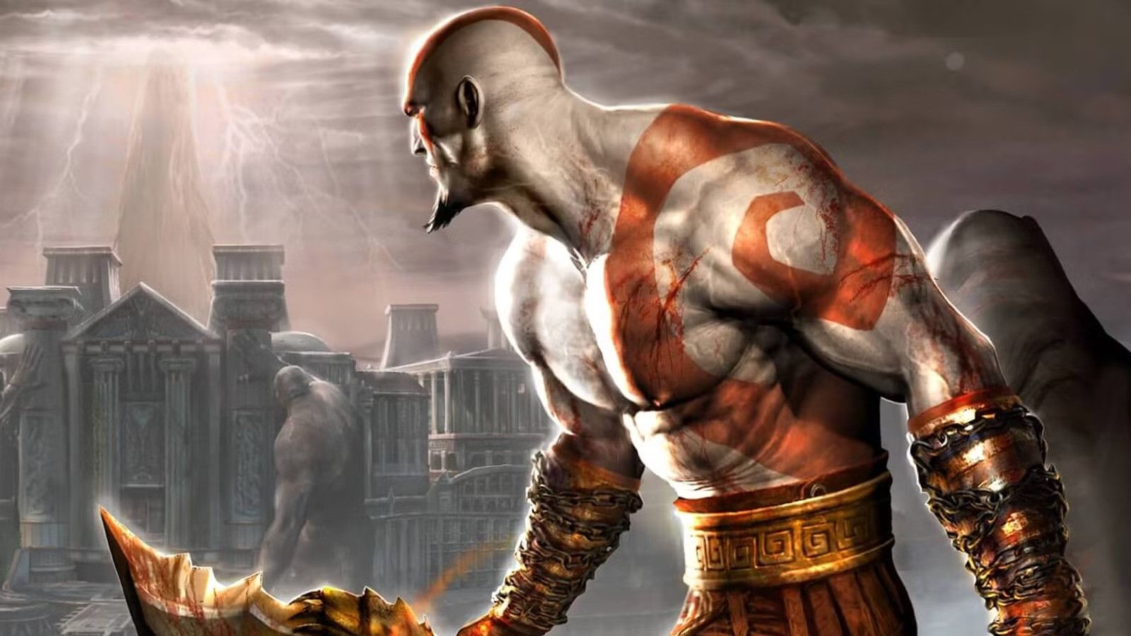 Kratos looking at the Fates Temple in God Of War. 