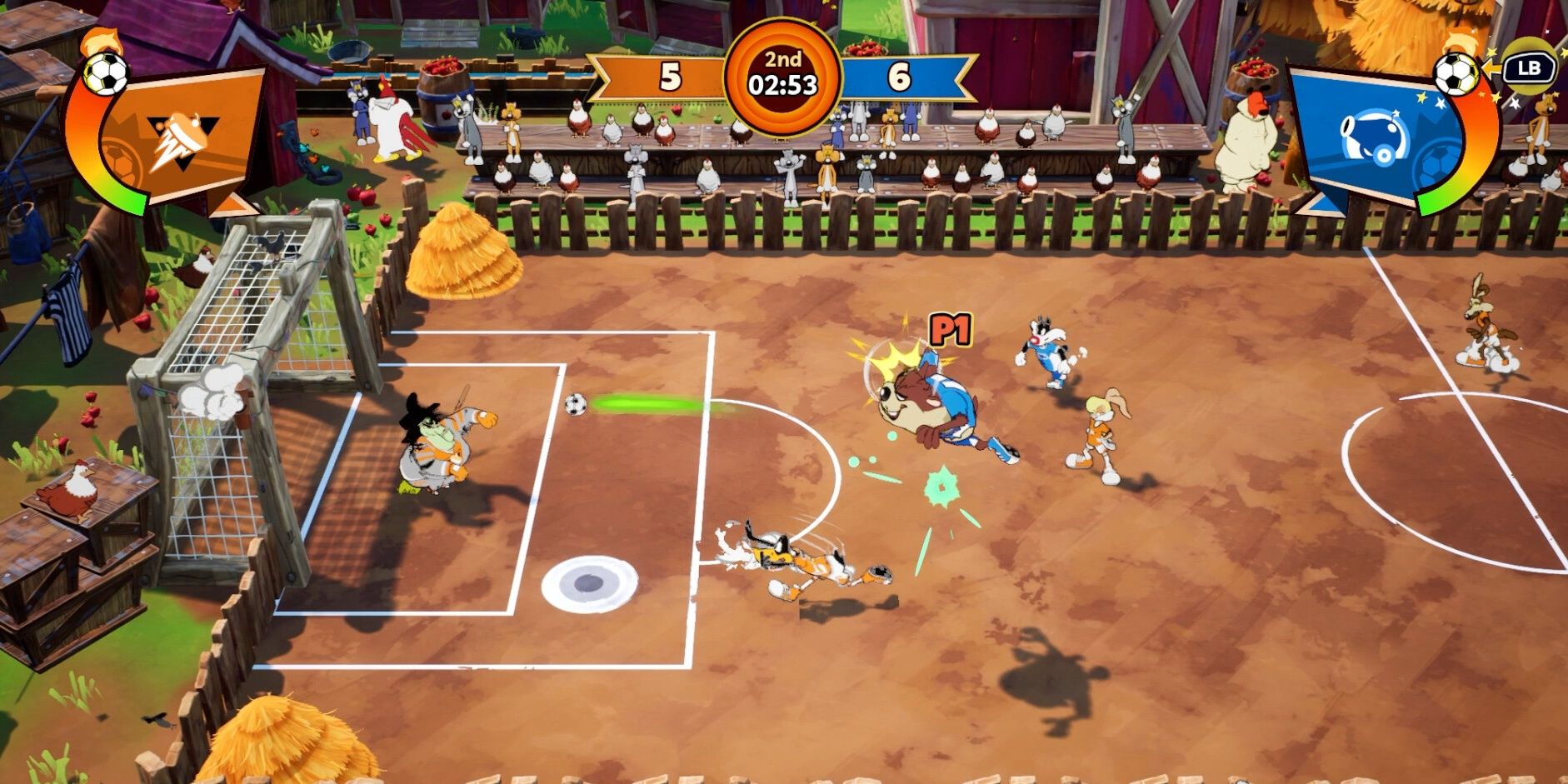 Looney Tunes World Of Sports: A soccer match with classic cartoon characters.