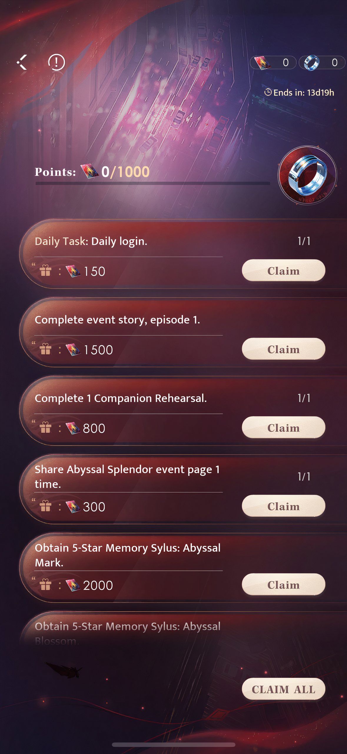 Love And Deepspace: An image of the Event Tasks screen.