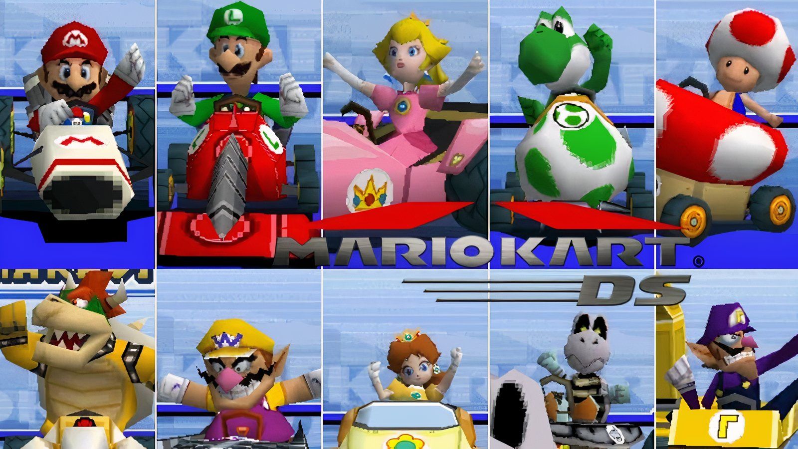 Mario Kart DS character selection screen with Luigi, Peach, Toad, Wario, Browser, and others.