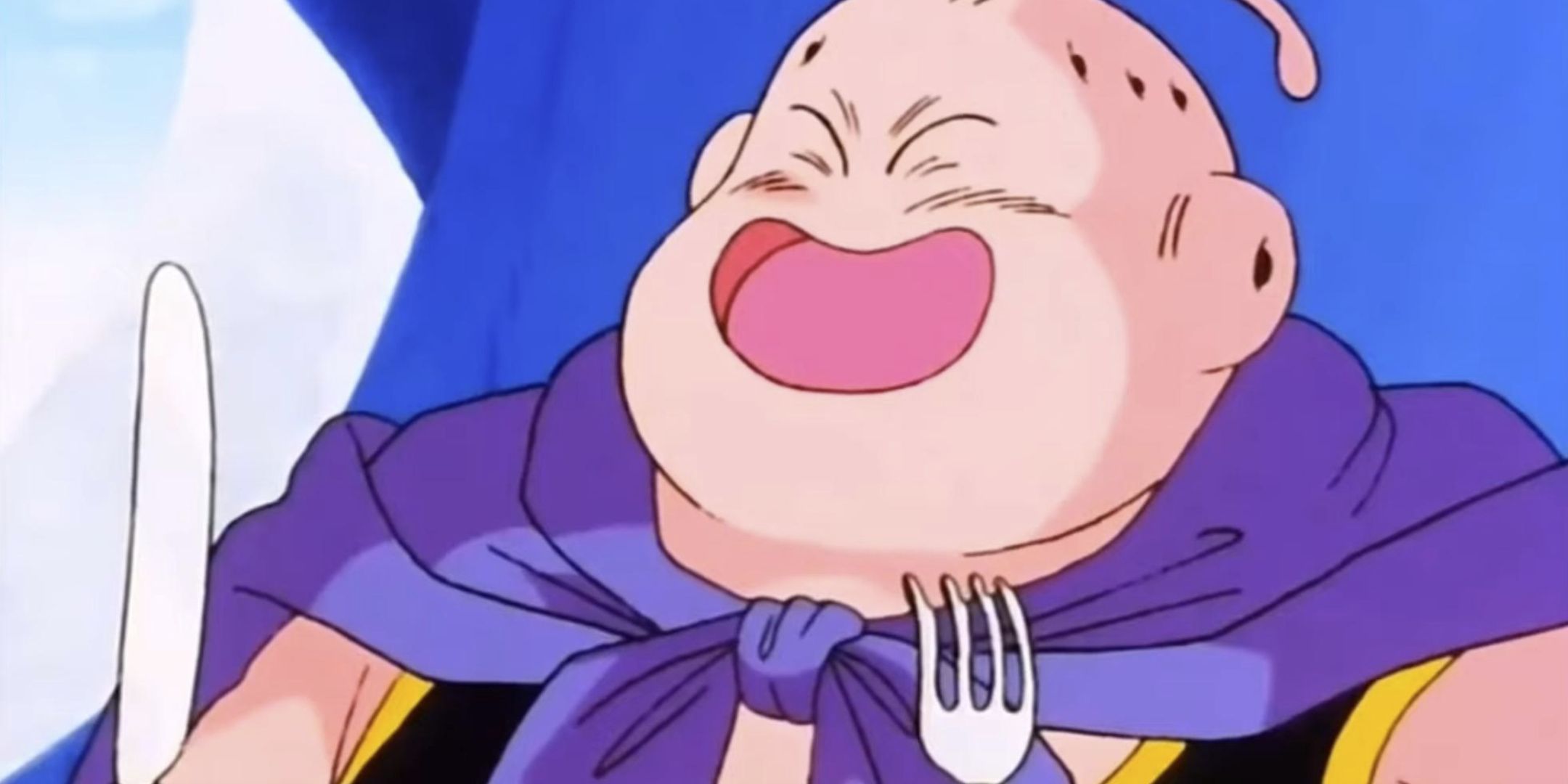 Majin Buu holding a fork and knife from Dragon Ball Z.