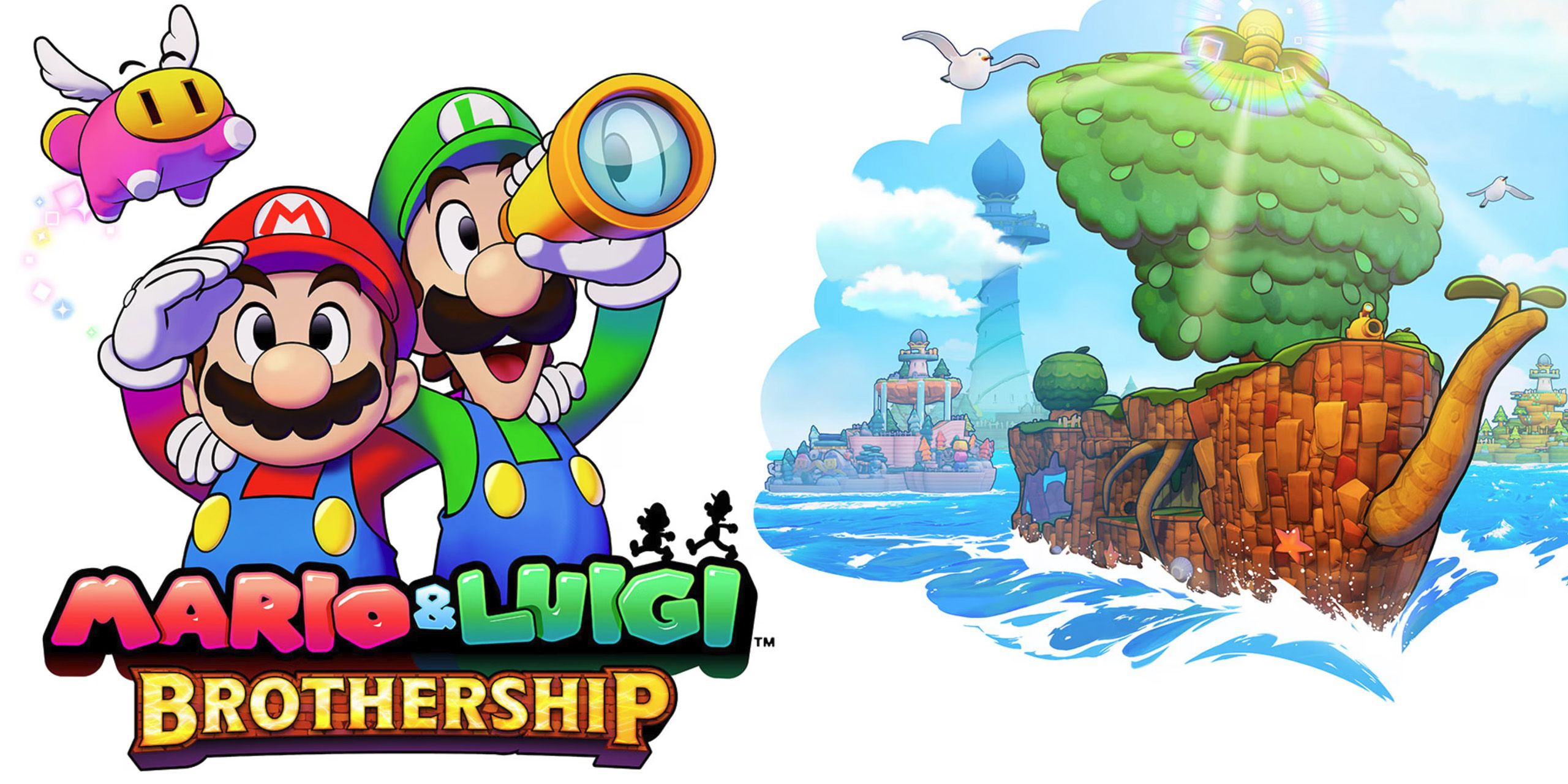 The cover art for Mario & Luigi: Brothership, showing the Mario Bros standing next their ship.