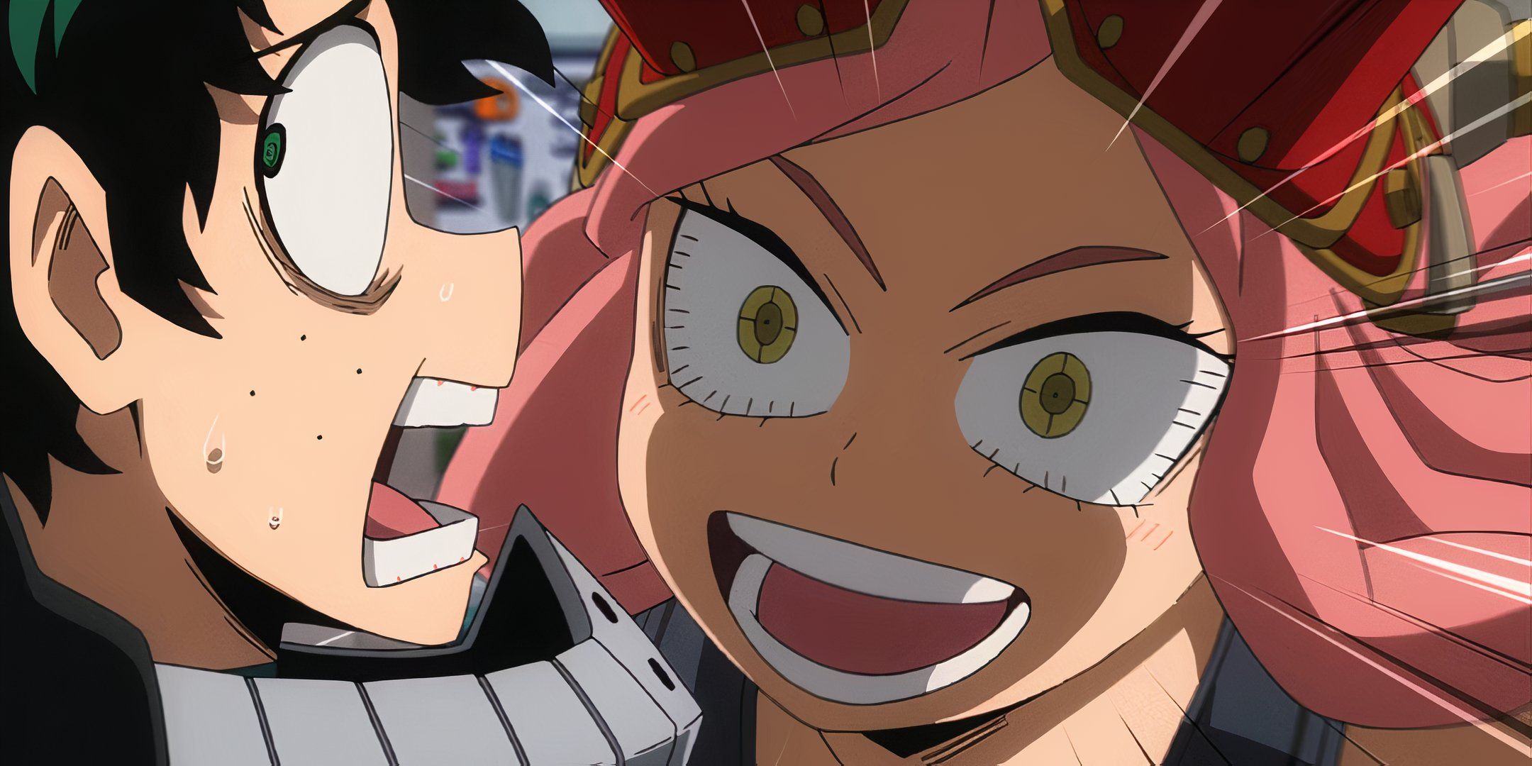 Mei Hatsume gets too close to Deku while excited.