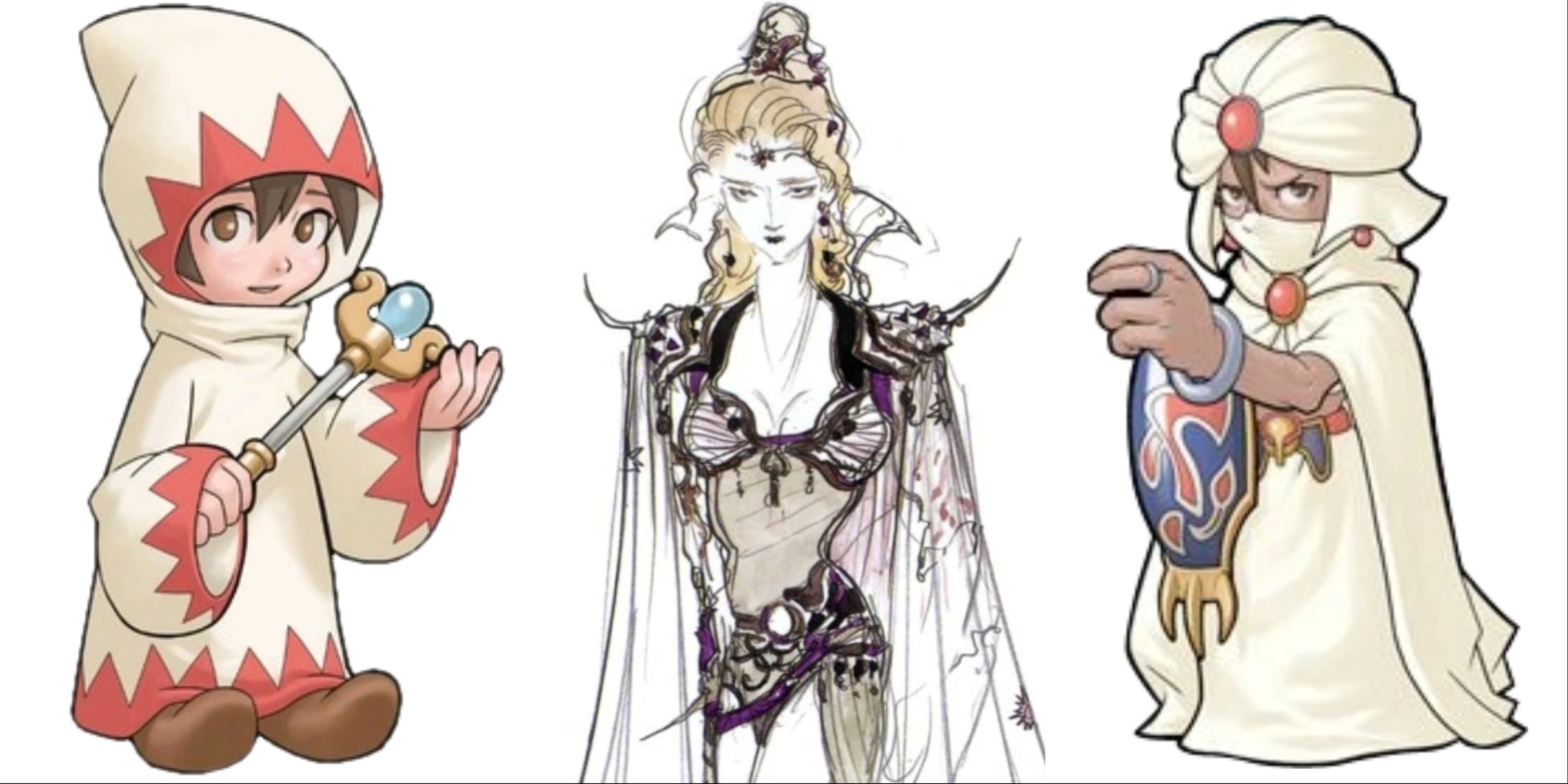 A collage of White Mages from Final Fantasy. From left to right, the Final Fantasy 1 White Mage, Terra from Final Fantasy 6 and Minwu from Final Fantasy 2.