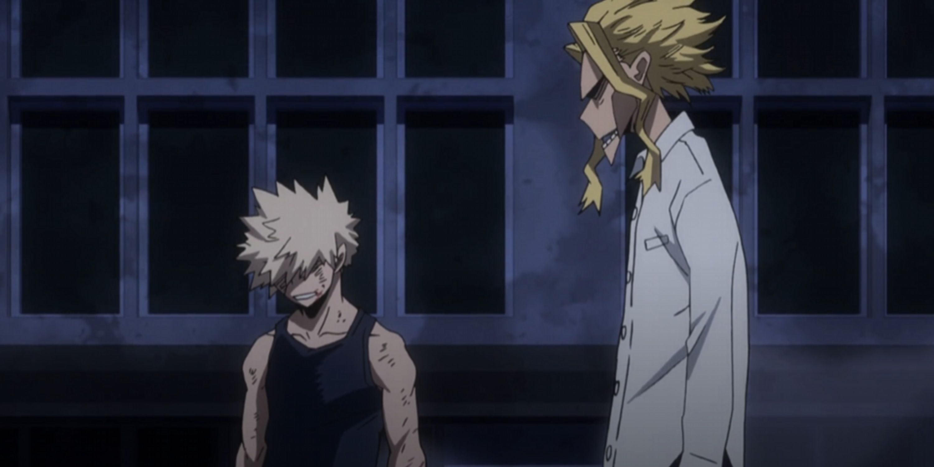 All Might speaks to a harried-looking Bakugo.