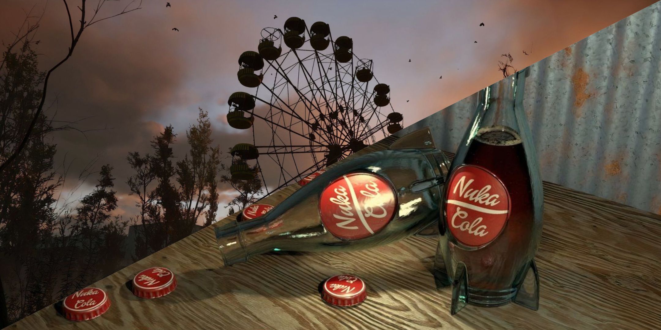 A collage of Fallout 4's Nuka Cola soda and Stalker 2's Pripyat ferris wheel.