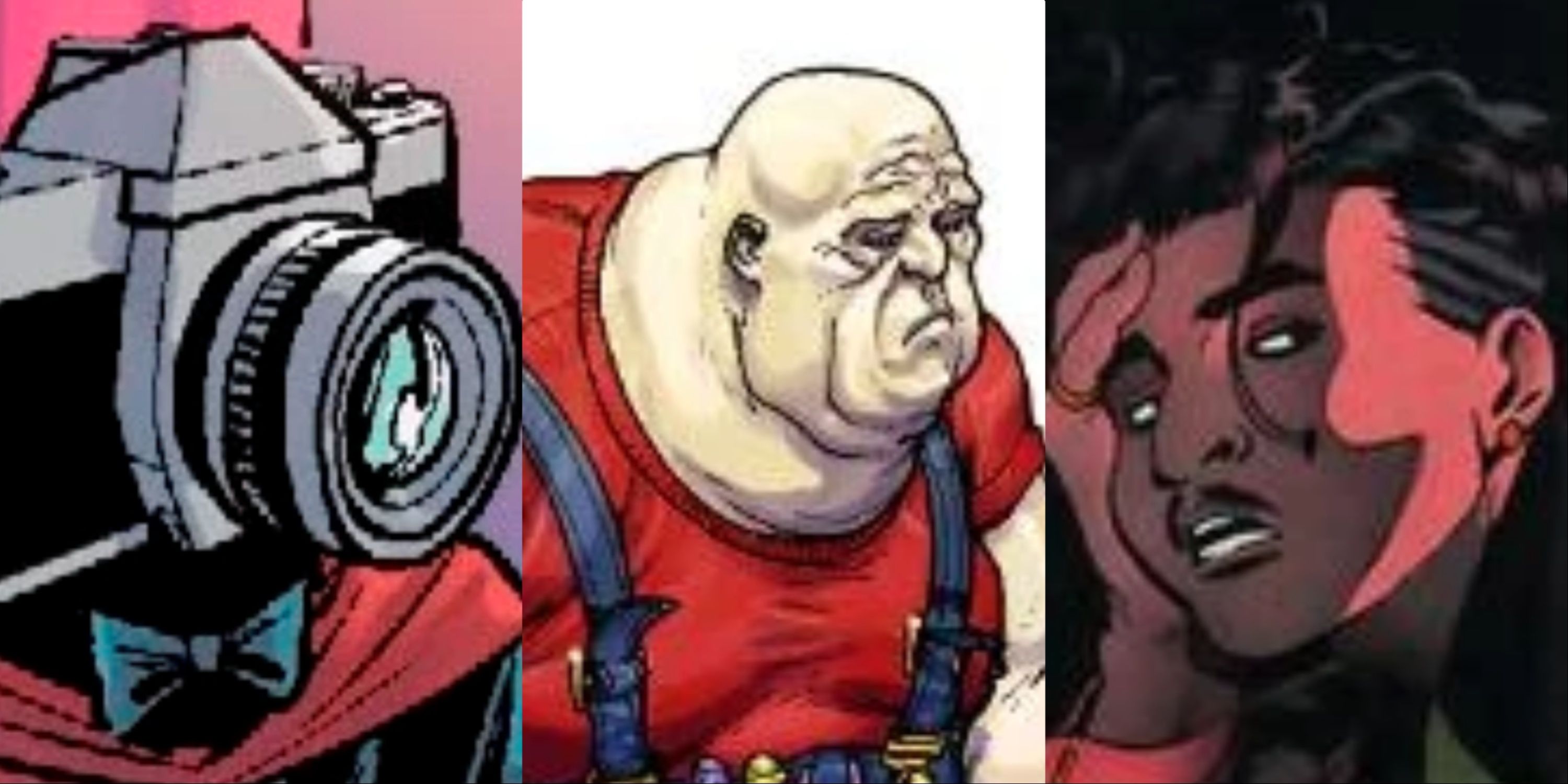 A collage of three DC comics villains. From left to right are Mister Camera, Humpty Dumpty and the Penny Plunderer.