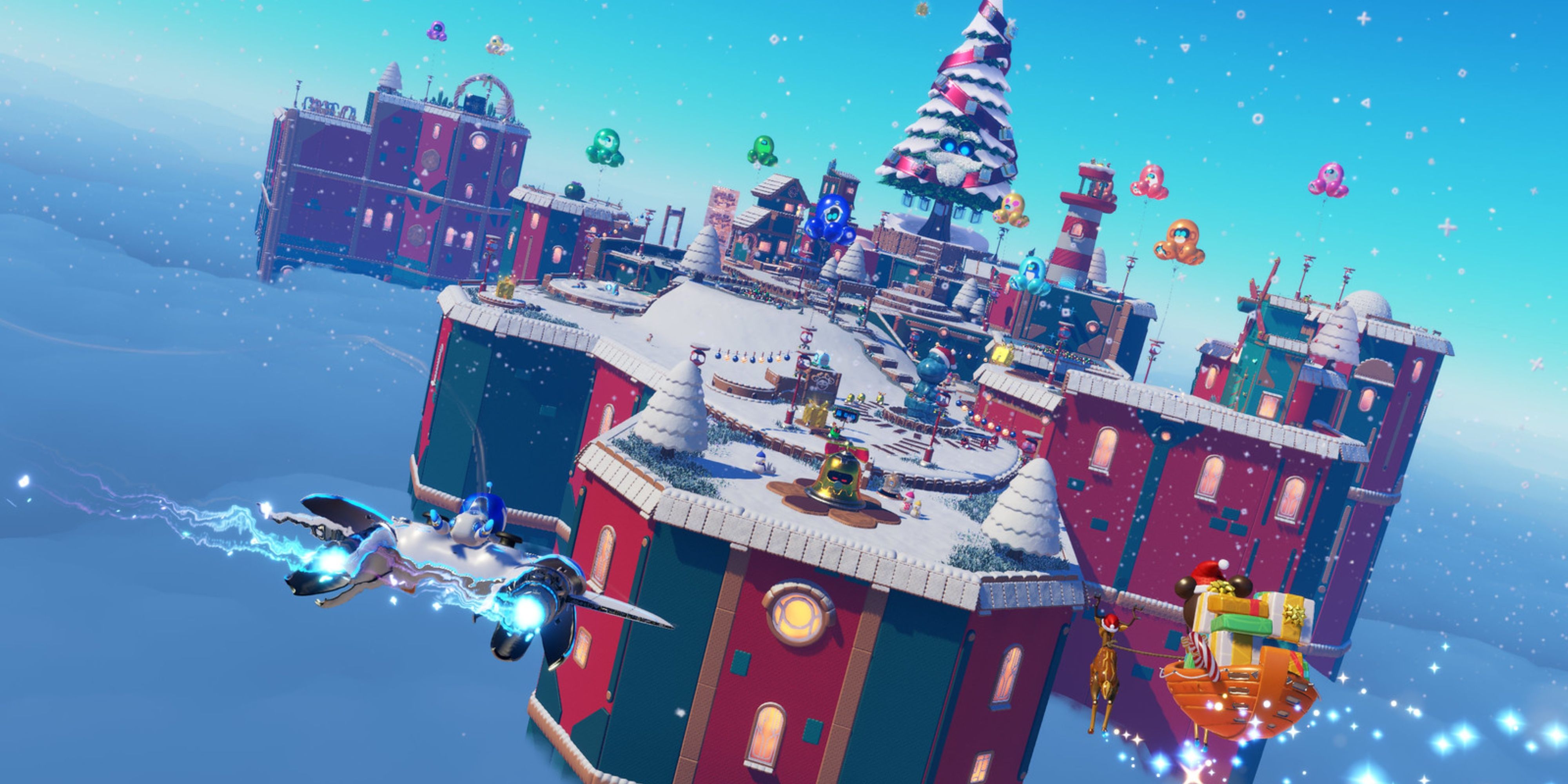 Astro-Bot flies to the Winter Wonder DLC level.