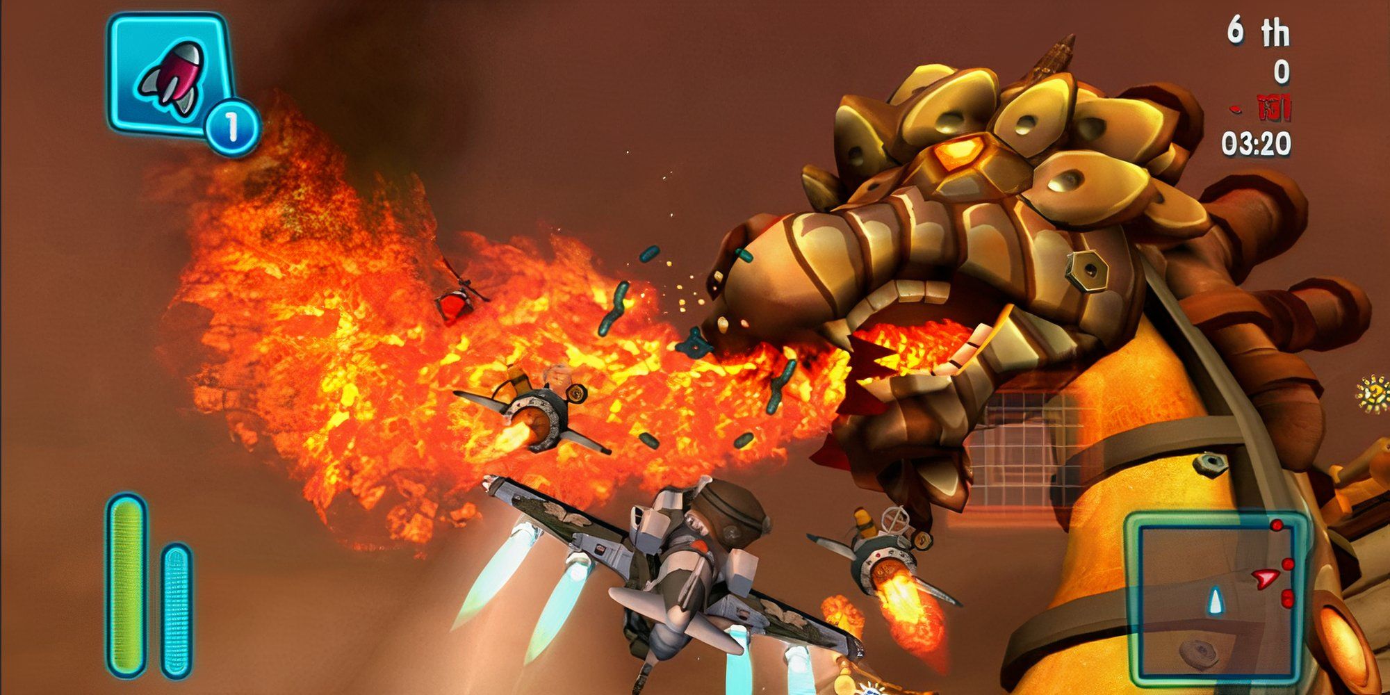 An unlucky pilot is blasted out of the sky as a robot dragon looks on in MySims SkyHeroes.