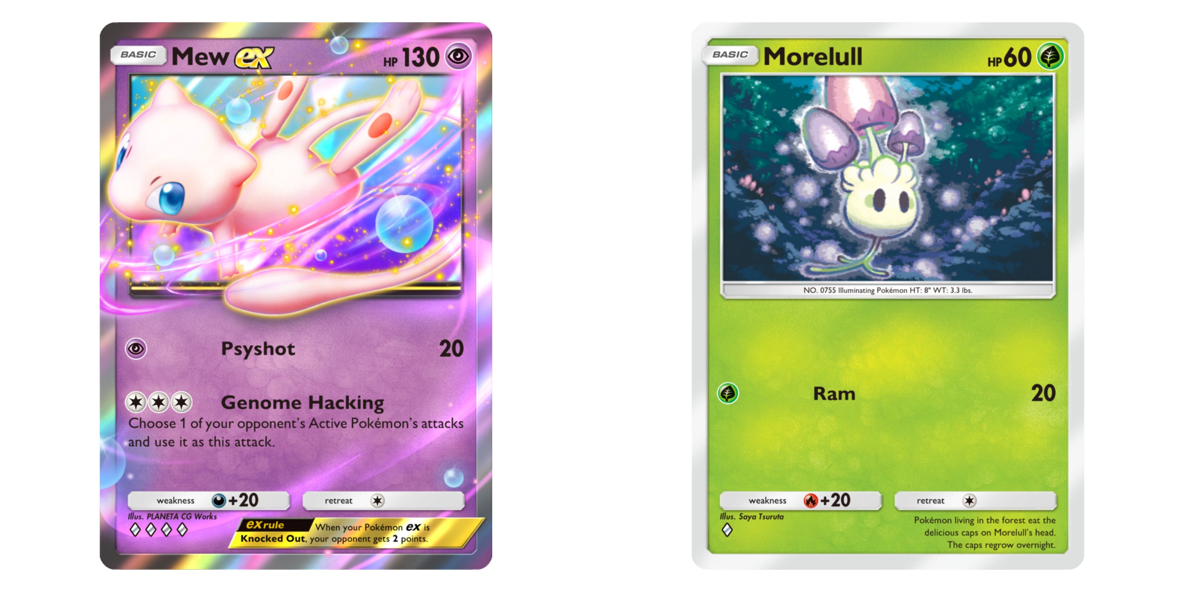 mew ex and morelull cards in pokemon tcg pocket mythical island booster pack.